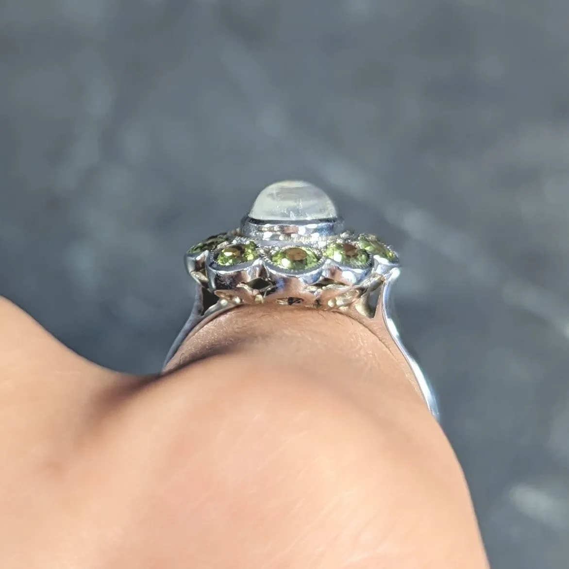 Art Deco Moonstone Peridot 18 Karat White Gold Halo Ring