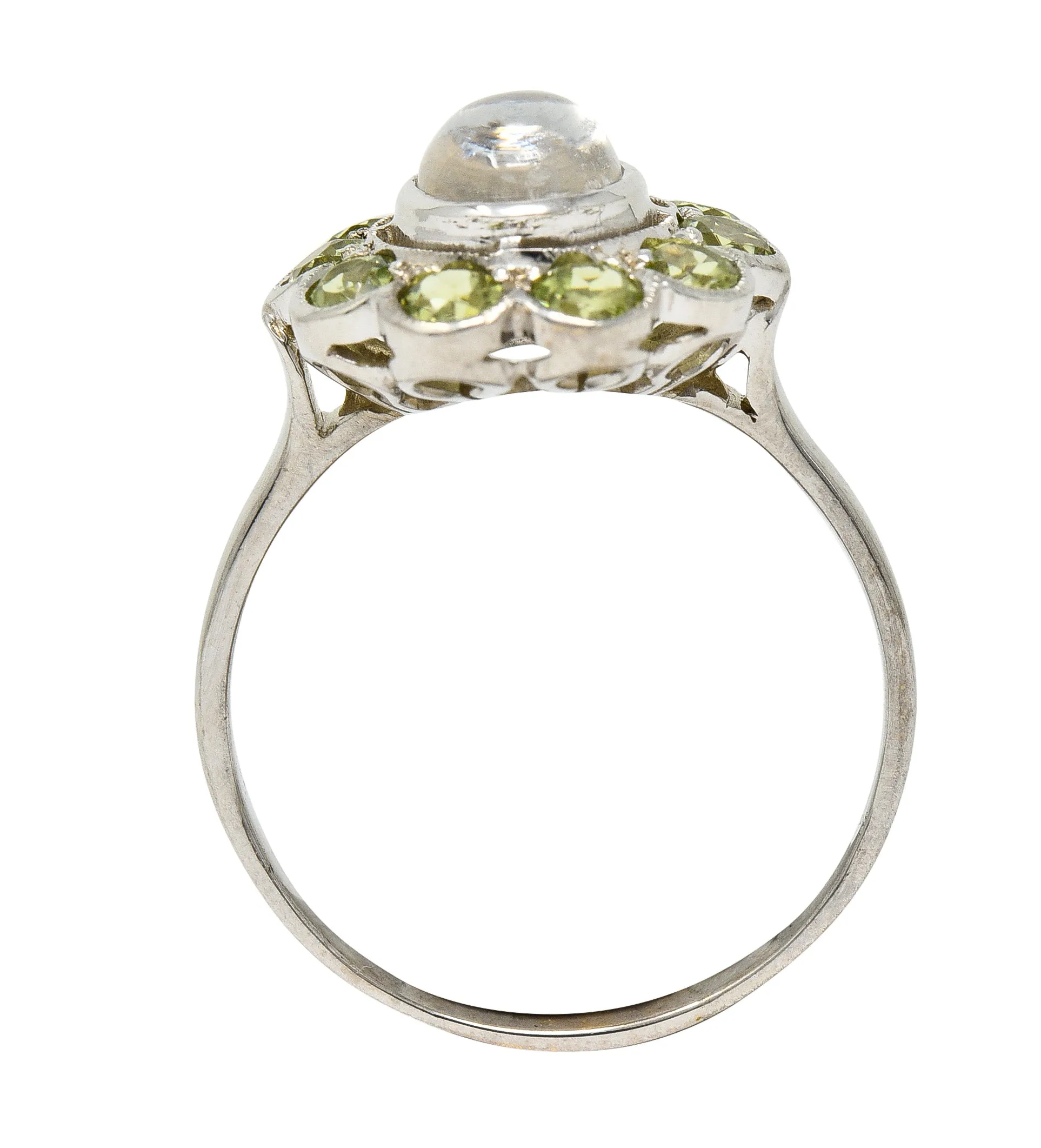 Art Deco Moonstone Peridot 18 Karat White Gold Halo Ring