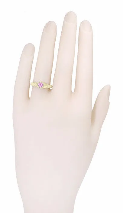 Art Deco Yellow Gold Pink Sapphire and Diamond Filigree Engraved Hexagon Engagement Ring
