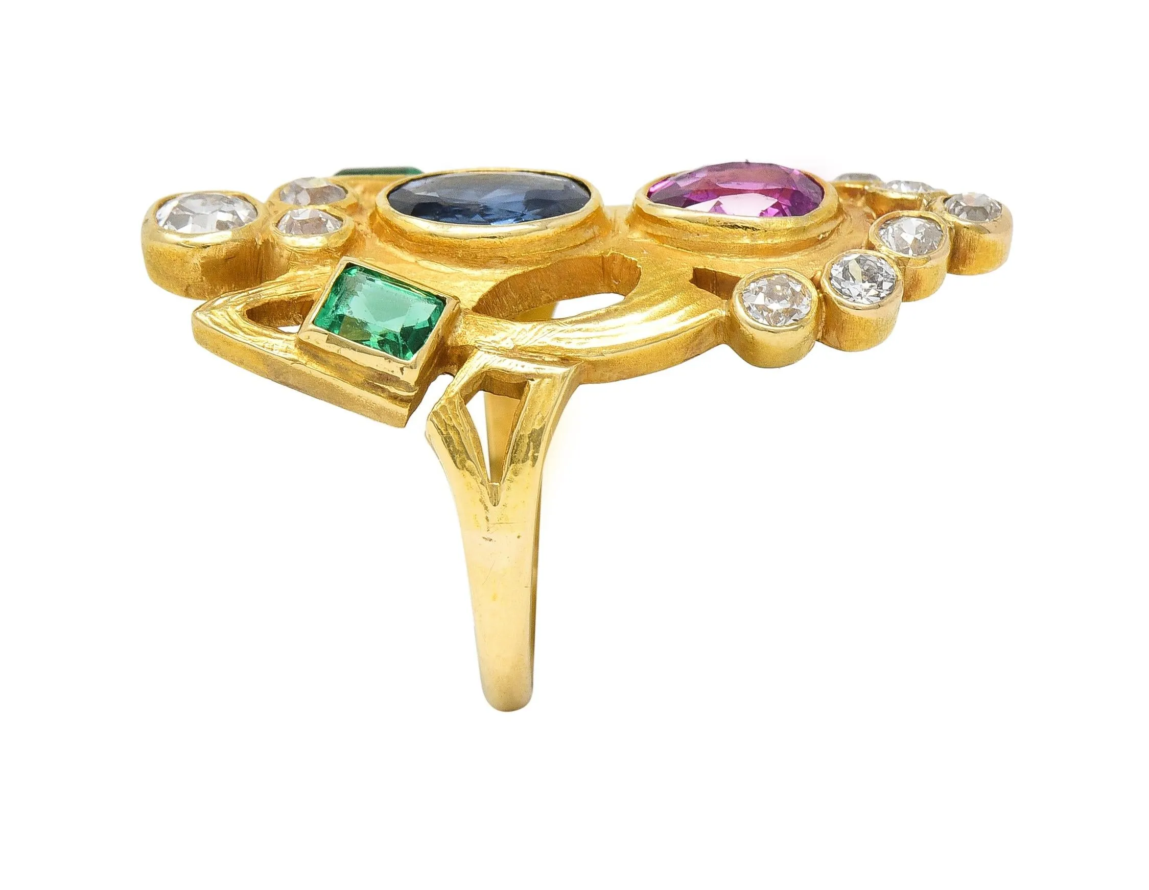 Arts & Crafts 3.73 CTW Ruby Emerald Sapphire Diamond 18 Karat Yellow Gold Antique Navette Ring