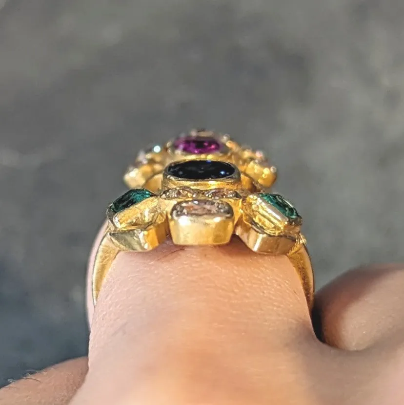 Arts & Crafts 3.73 CTW Ruby Emerald Sapphire Diamond 18 Karat Yellow Gold Antique Navette Ring