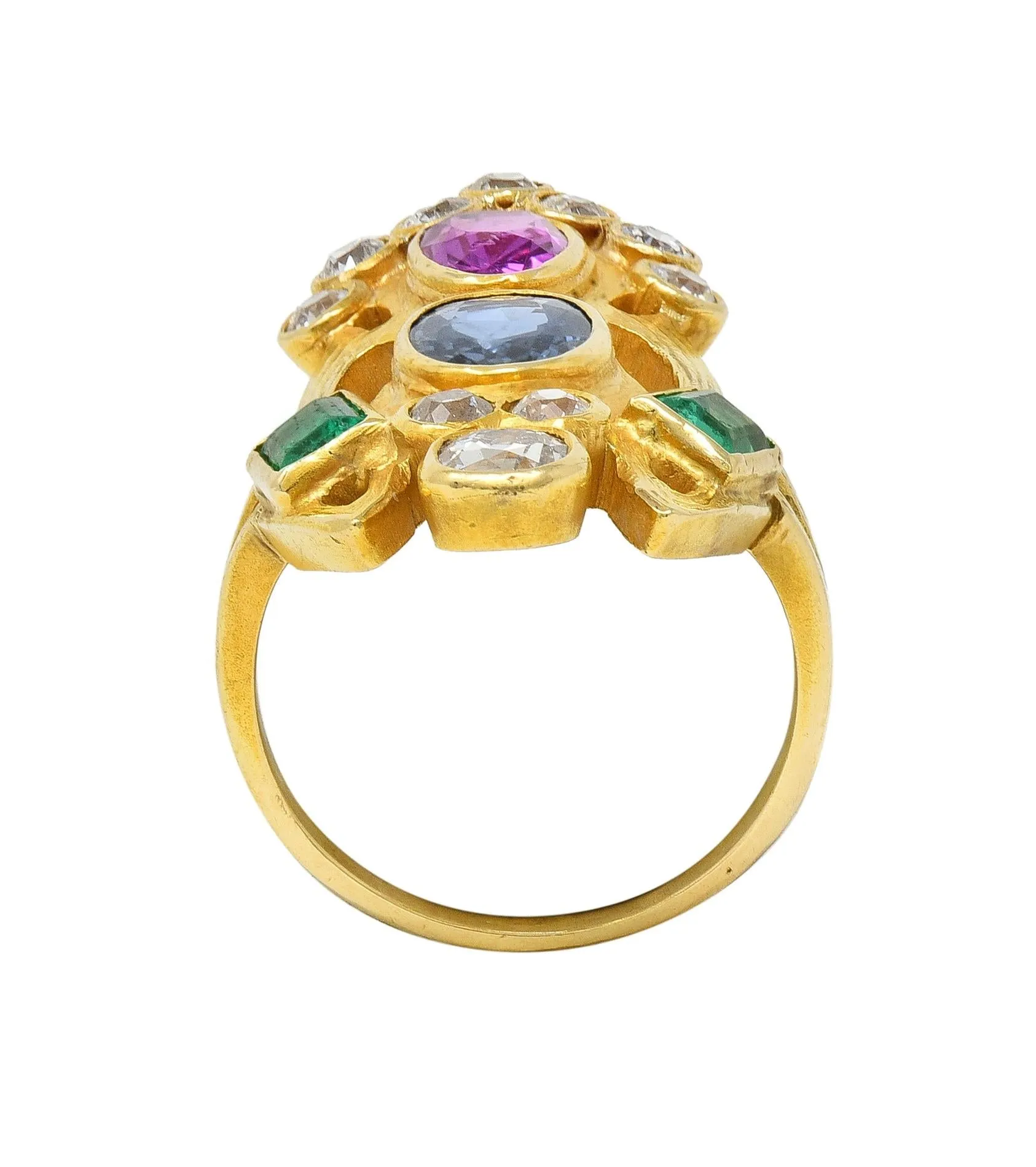 Arts & Crafts 3.73 CTW Ruby Emerald Sapphire Diamond 18 Karat Yellow Gold Antique Navette Ring