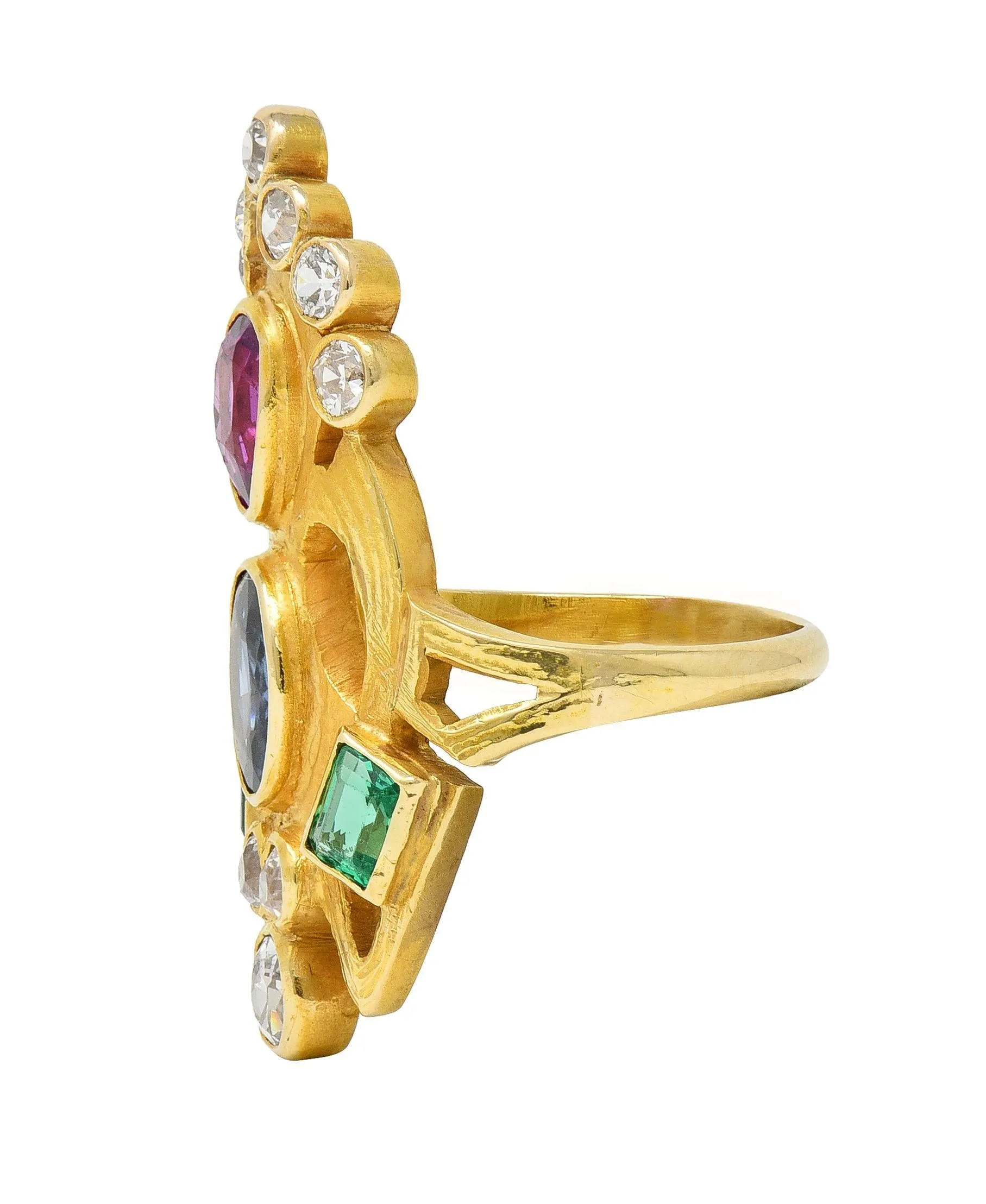 Arts & Crafts 3.73 CTW Ruby Emerald Sapphire Diamond 18 Karat Yellow Gold Antique Navette Ring