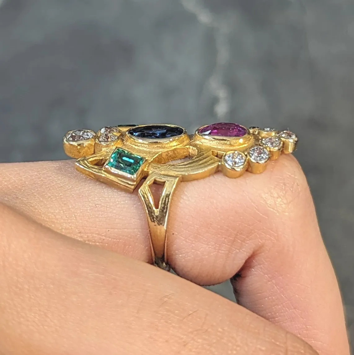 Arts & Crafts 3.73 CTW Ruby Emerald Sapphire Diamond 18 Karat Yellow Gold Antique Navette Ring