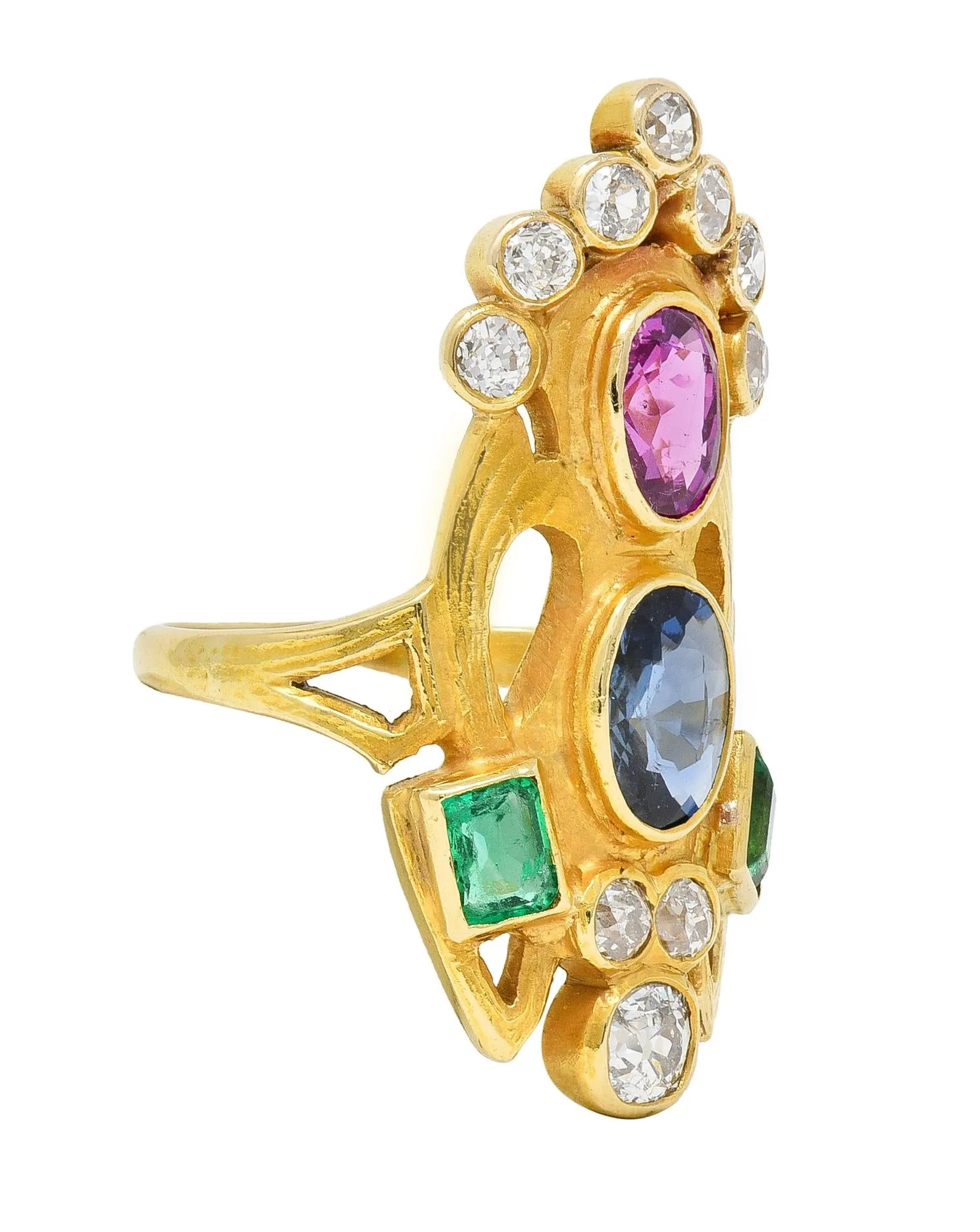 Arts & Crafts 3.73 CTW Ruby Emerald Sapphire Diamond 18 Karat Yellow Gold Antique Navette Ring
