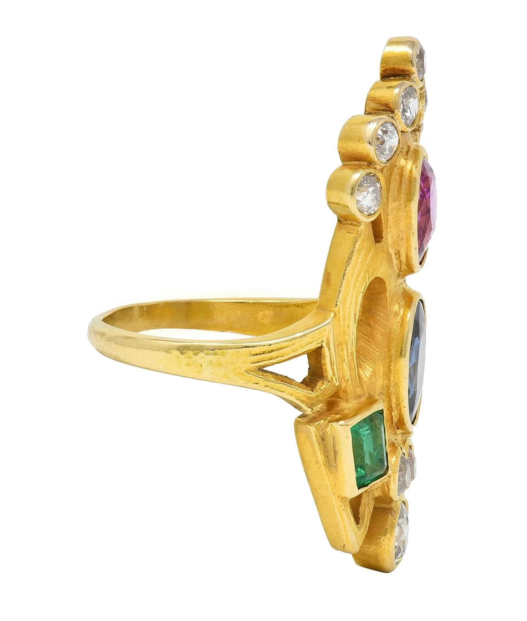 Arts & Crafts 3.73 CTW Ruby Emerald Sapphire Diamond 18 Karat Yellow Gold Antique Navette Ring