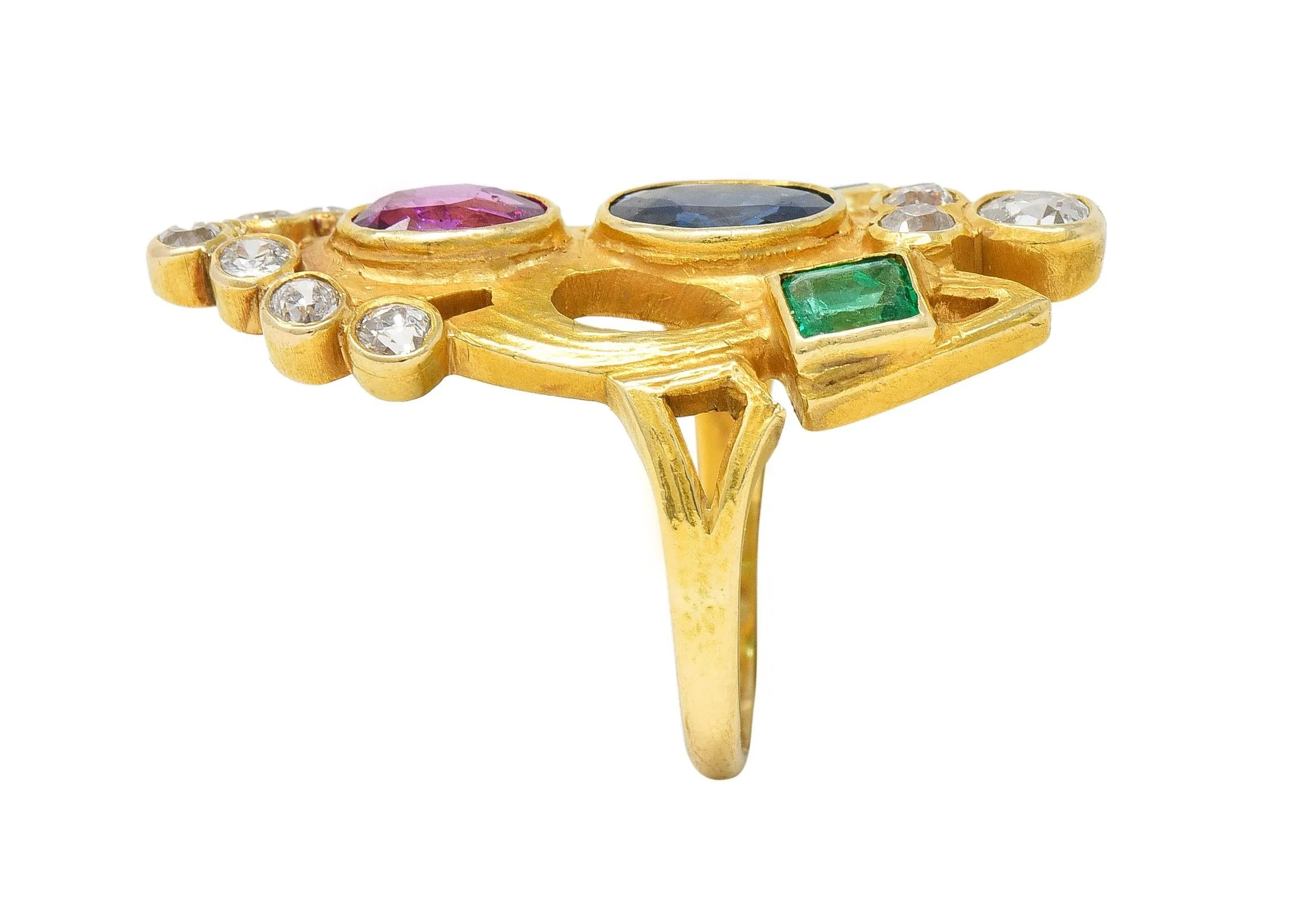 Arts & Crafts 3.73 CTW Ruby Emerald Sapphire Diamond 18 Karat Yellow Gold Antique Navette Ring