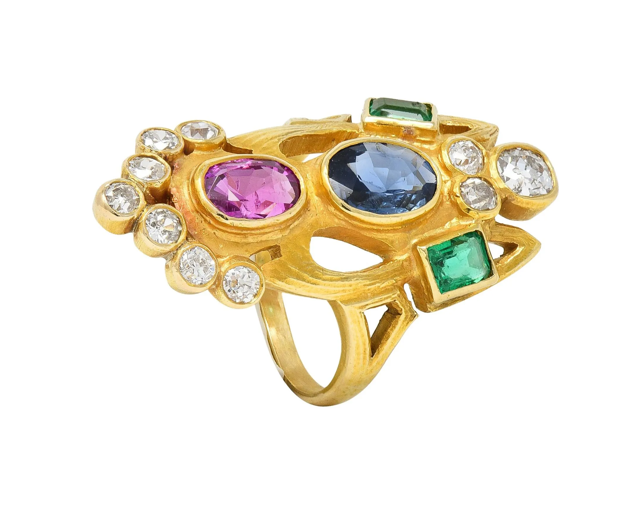 Arts & Crafts 3.73 CTW Ruby Emerald Sapphire Diamond 18 Karat Yellow Gold Antique Navette Ring