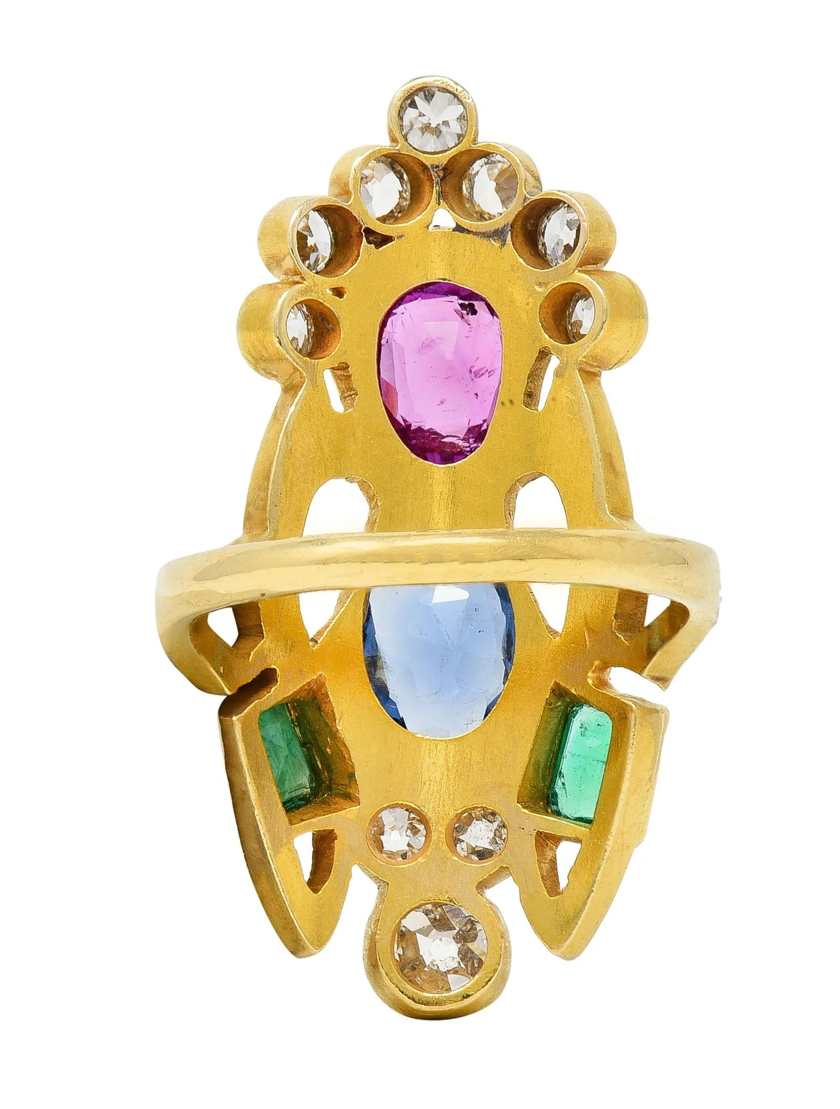 Arts & Crafts 3.73 CTW Ruby Emerald Sapphire Diamond 18 Karat Yellow Gold Antique Navette Ring