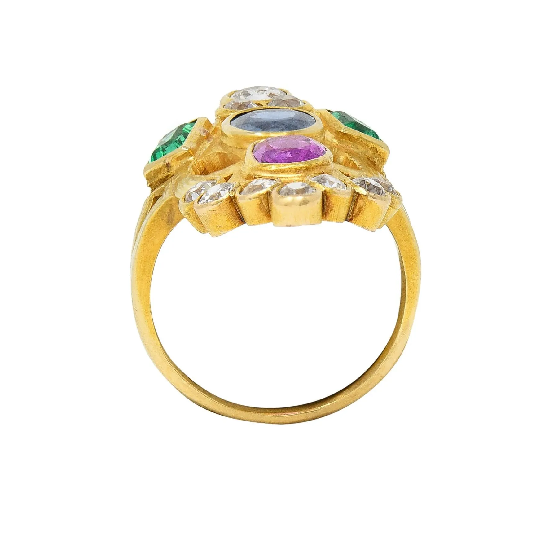 Arts & Crafts 3.73 CTW Ruby Emerald Sapphire Diamond 18 Karat Yellow Gold Antique Navette Ring