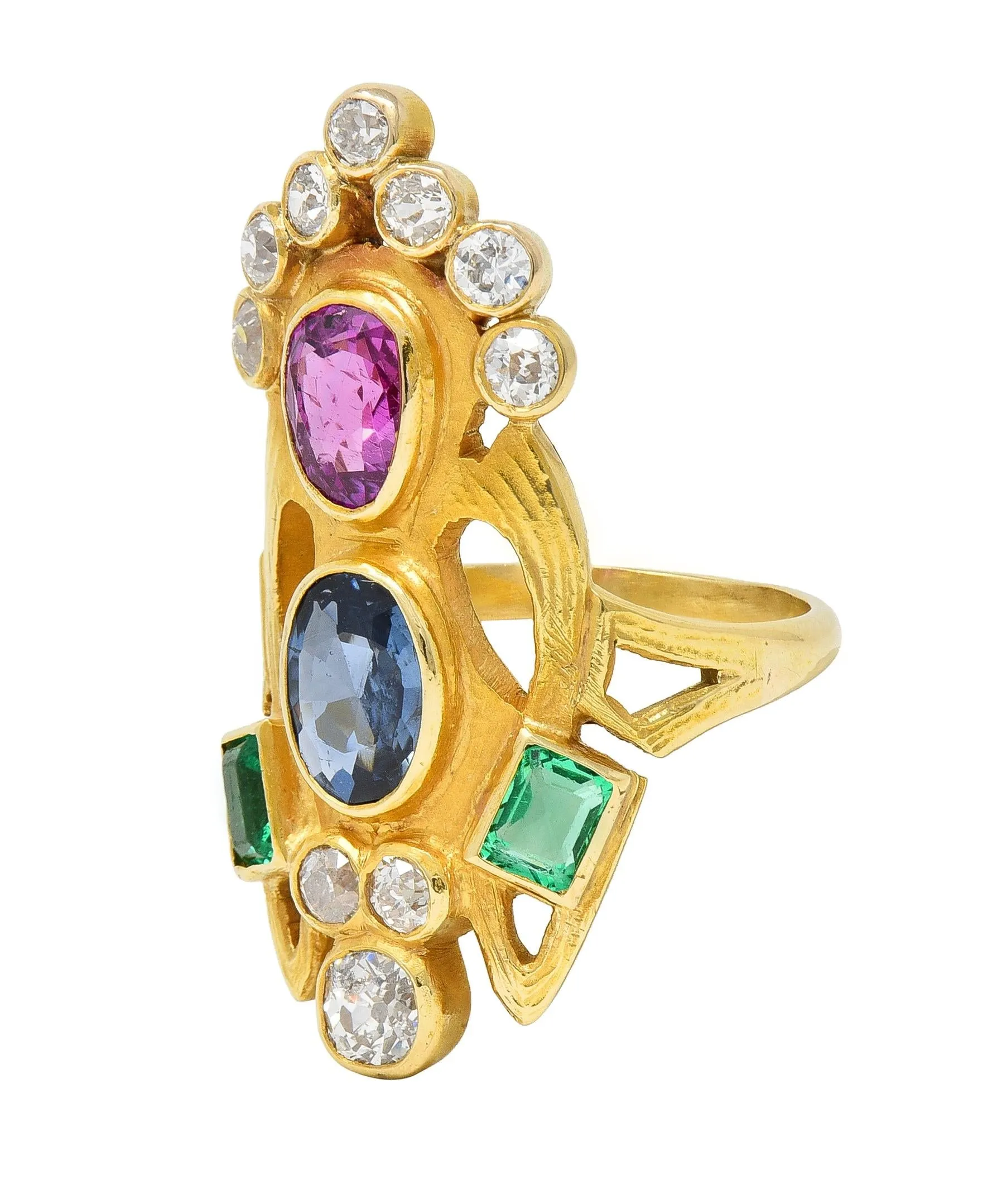 Arts & Crafts 3.73 CTW Ruby Emerald Sapphire Diamond 18 Karat Yellow Gold Antique Navette Ring