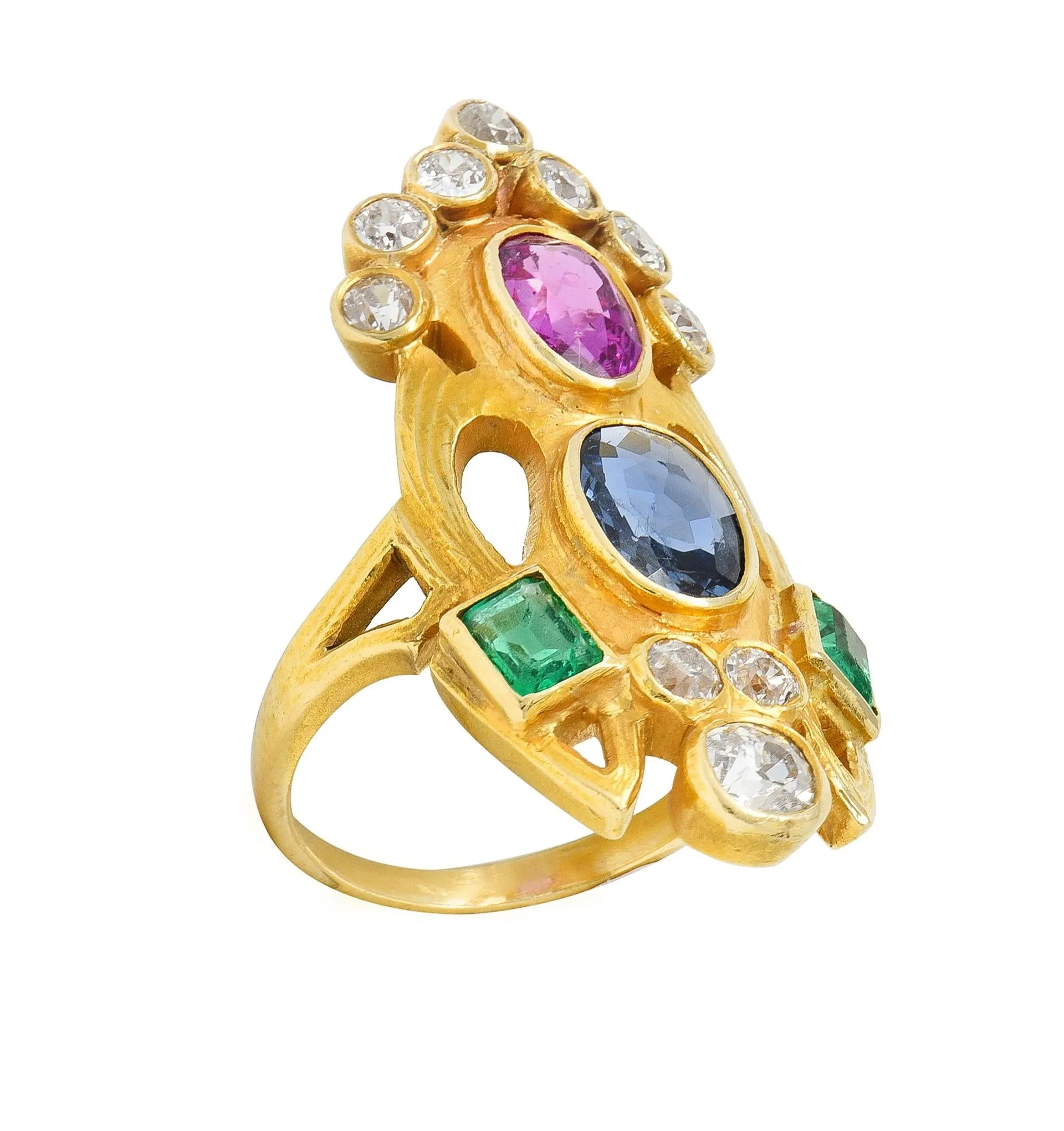 Arts & Crafts 3.73 CTW Ruby Emerald Sapphire Diamond 18 Karat Yellow Gold Antique Navette Ring