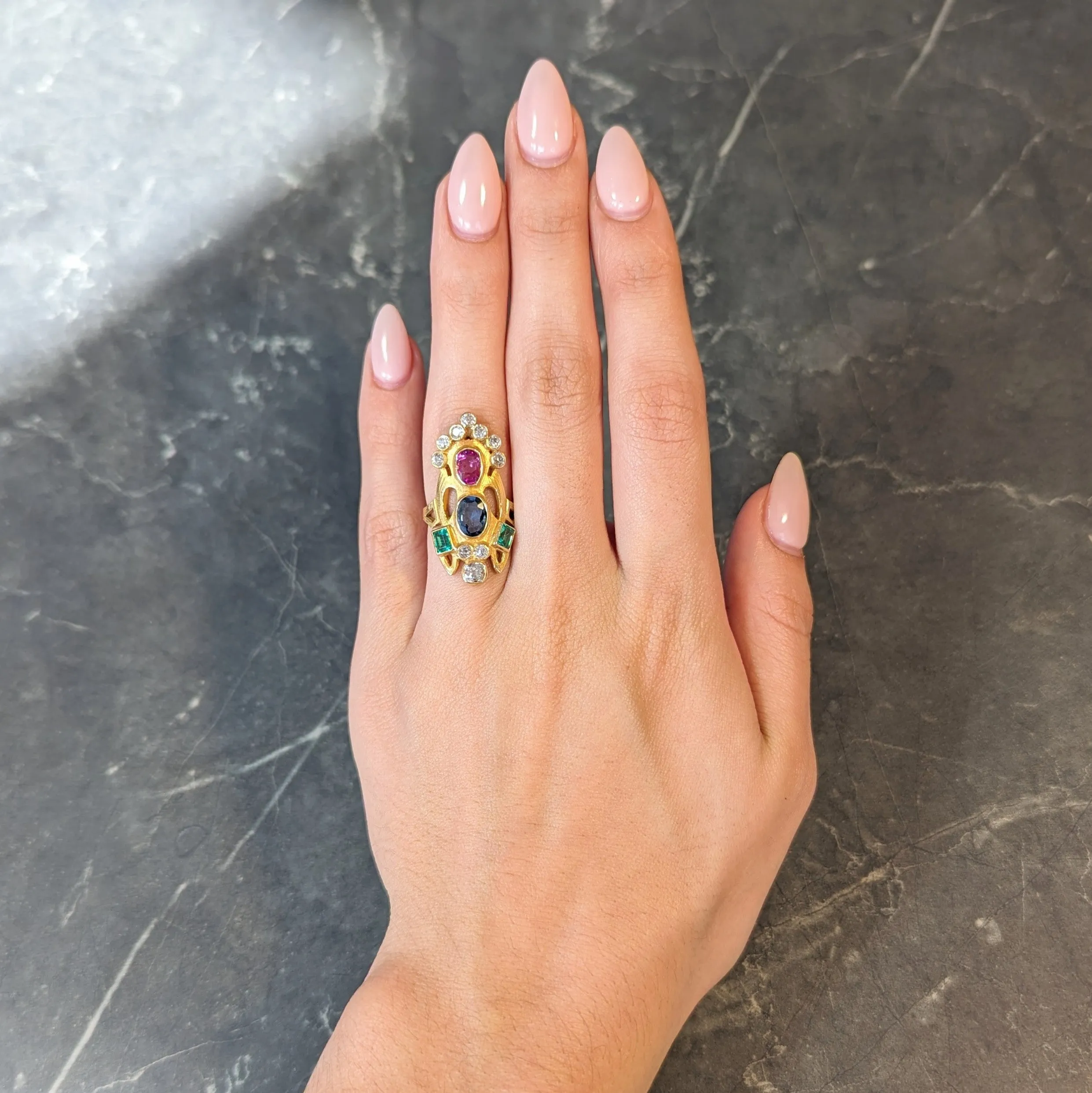 Arts & Crafts 3.73 CTW Ruby Emerald Sapphire Diamond 18 Karat Yellow Gold Antique Navette Ring