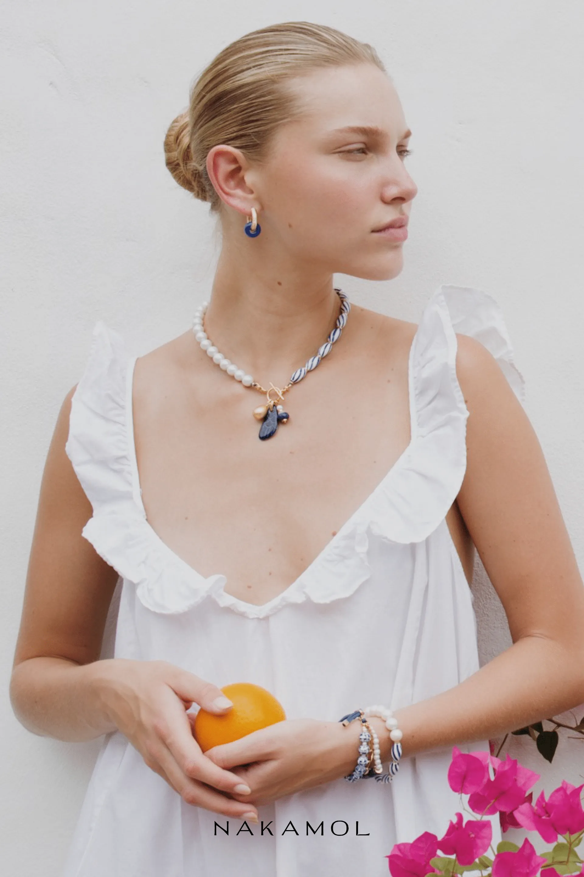 Asymmetrical White Striped Beaded Necklace