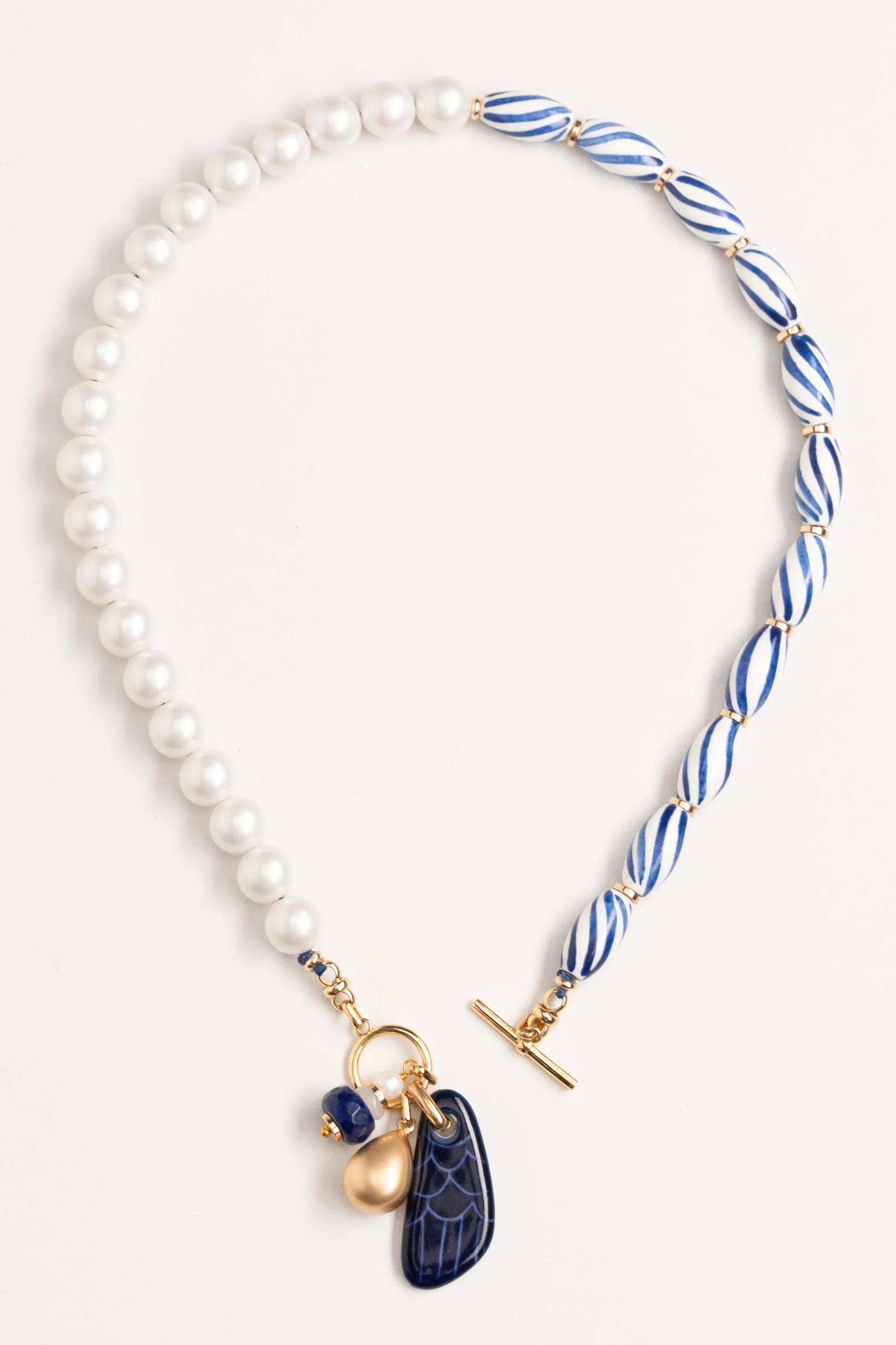 Asymmetrical White Striped Beaded Necklace