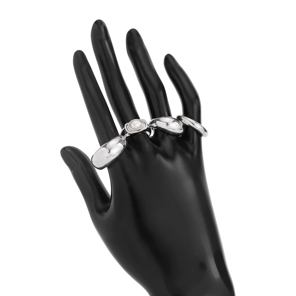 Baroque 4pcs Gold Silver Tone Pearl Inlaid Ring Set