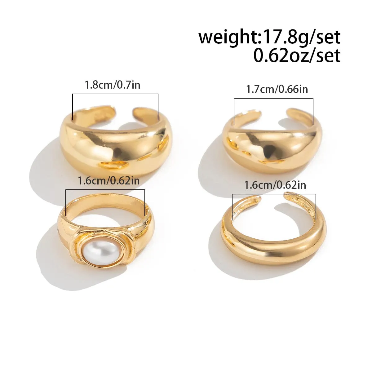 Baroque 4pcs Gold Silver Tone Pearl Inlaid Ring Set