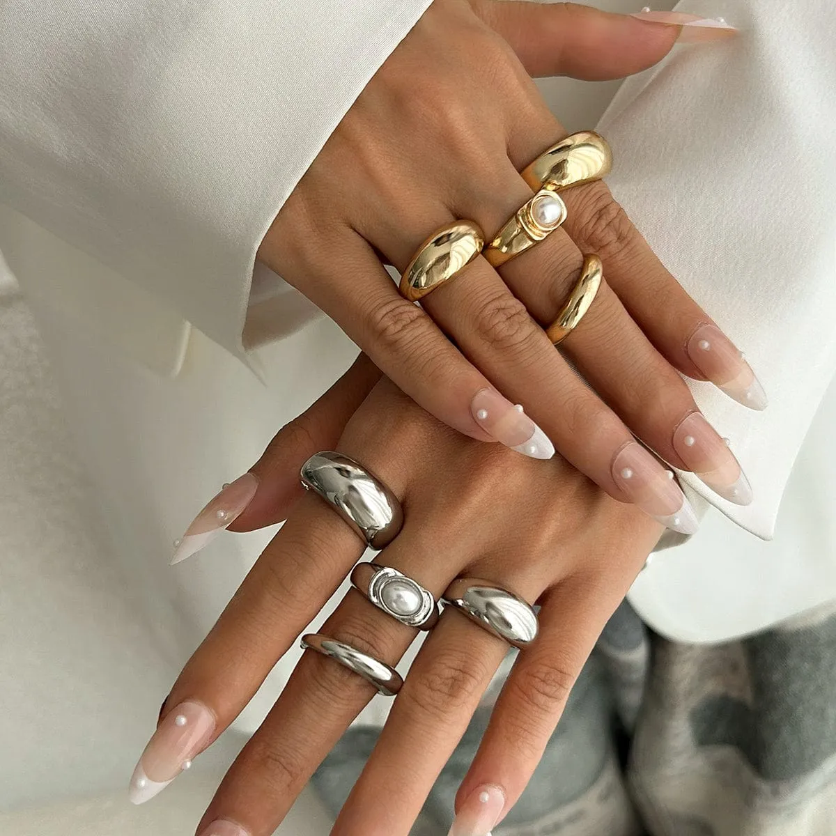 Baroque 4pcs Gold Silver Tone Pearl Inlaid Ring Set