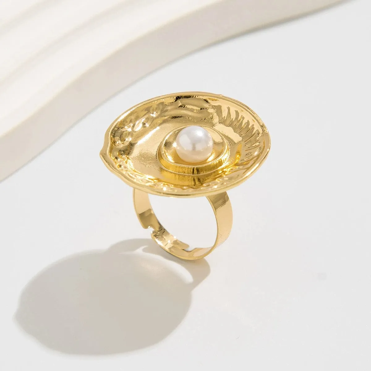 Baroque Gold Silver Tone Pearl Inlaid Textured Flower Hollow Ring Set