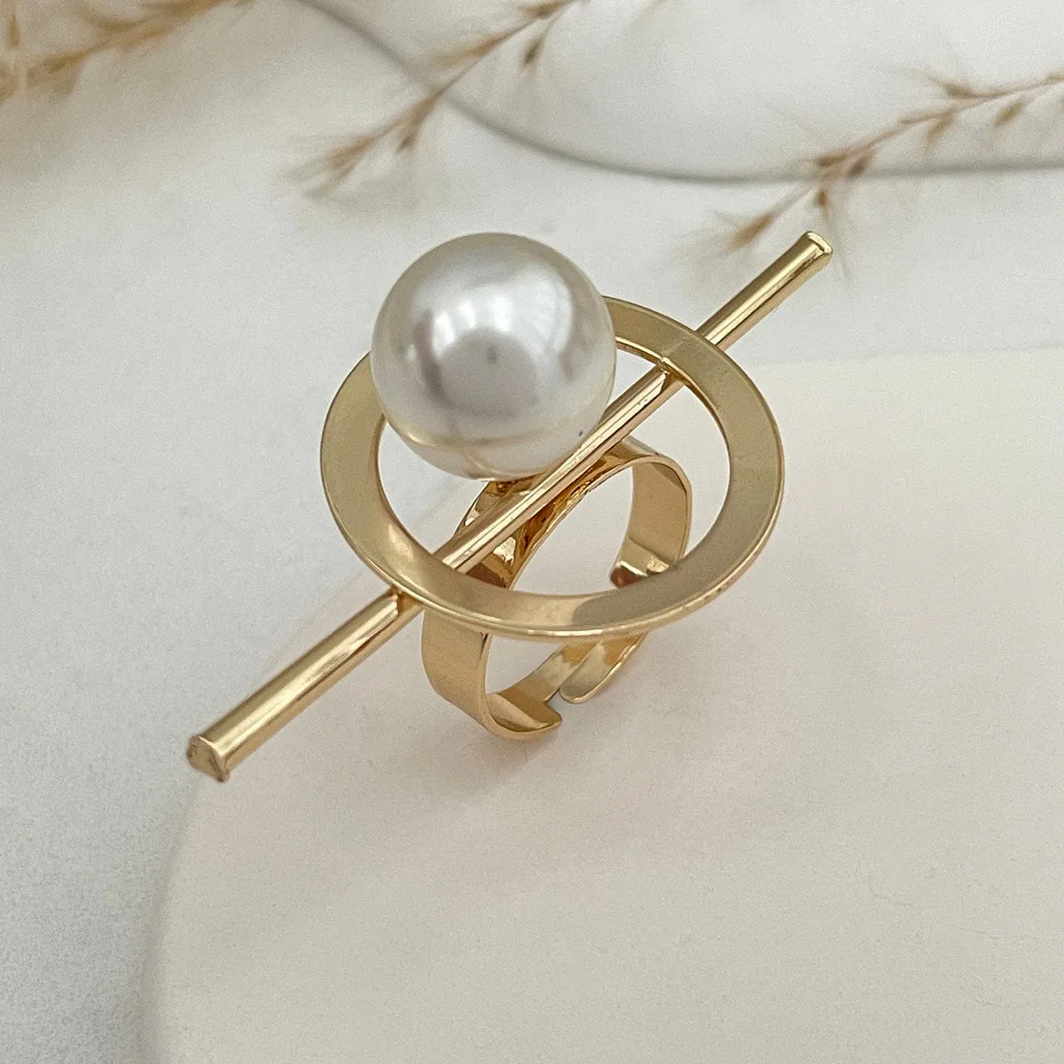 Baroque Gold Silver Tone Pearl Inlaid Textured Flower Hollow Ring Set
