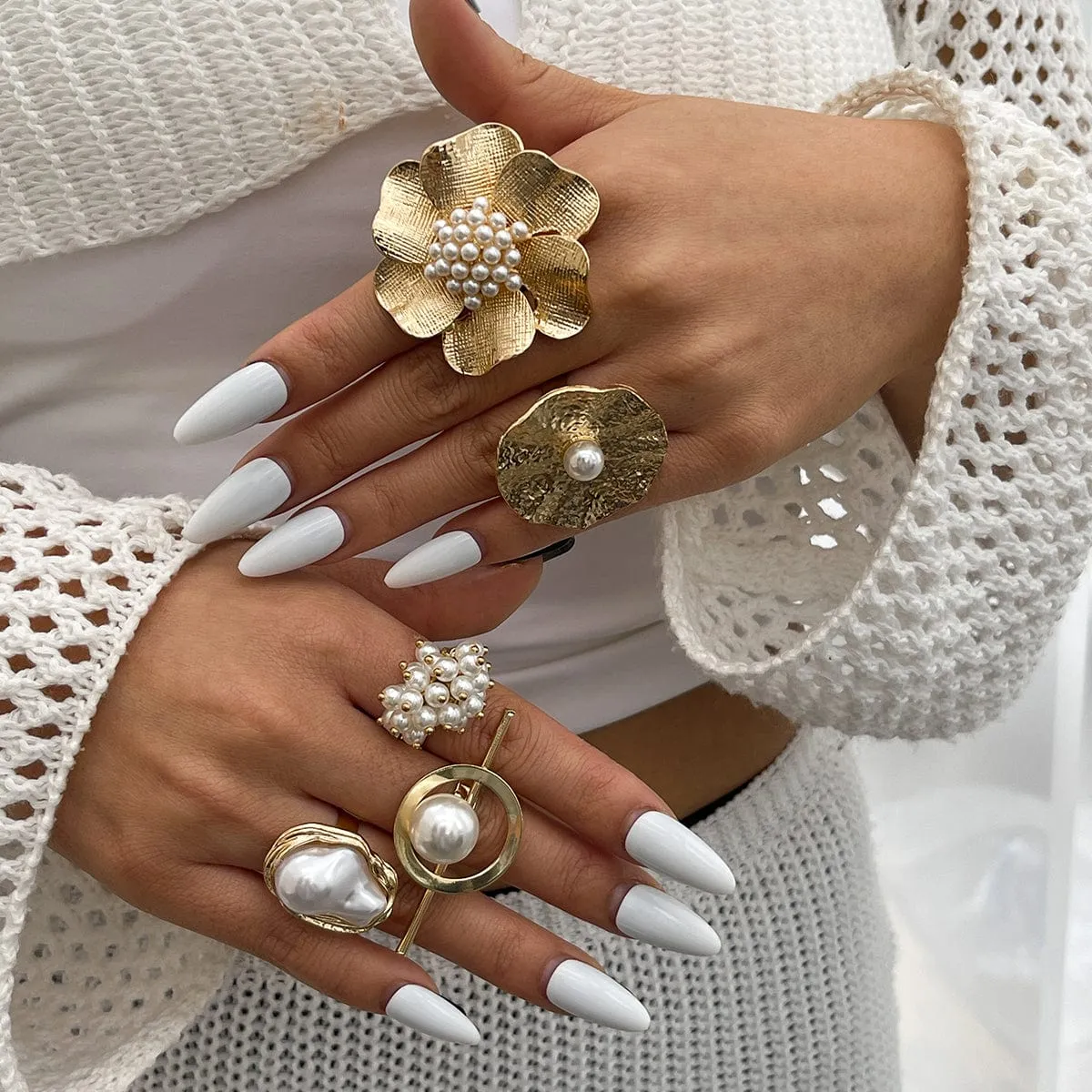 Baroque Gold Silver Tone Pearl Inlaid Textured Flower Hollow Ring Set