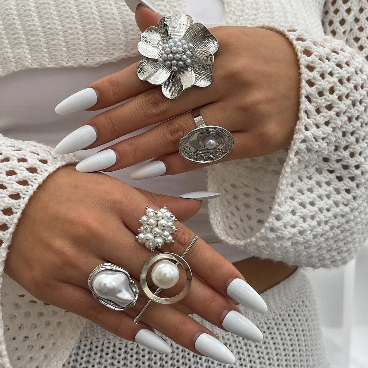 Baroque Gold Silver Tone Pearl Inlaid Textured Flower Hollow Ring Set