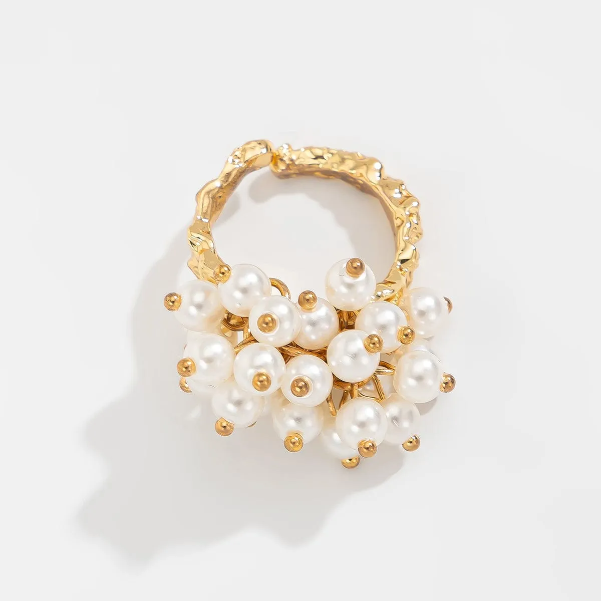 Baroque Gold Silver Tone Pearl Inlaid Textured Flower Hollow Ring Set