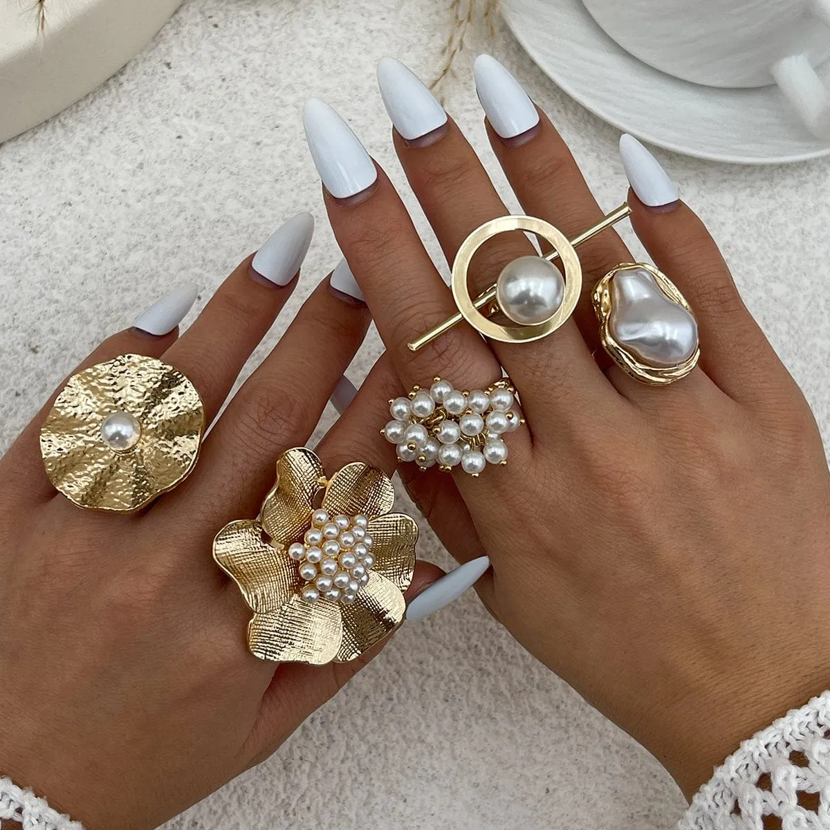 Baroque Gold Silver Tone Pearl Inlaid Textured Flower Hollow Ring Set