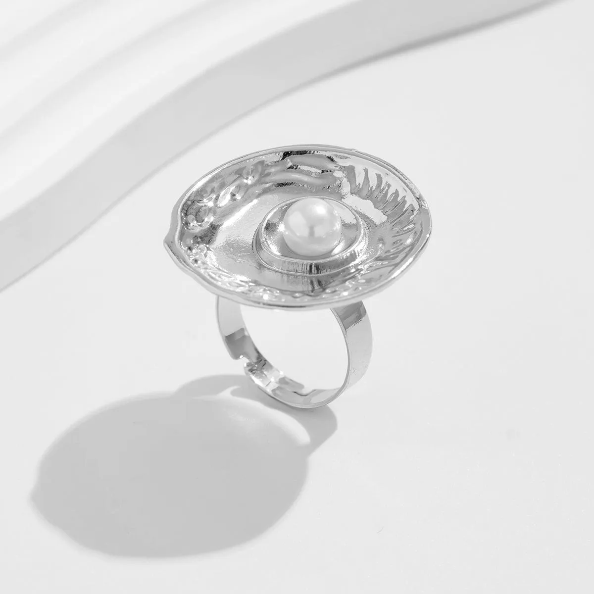 Baroque Gold Silver Tone Pearl Inlaid Textured Flower Hollow Ring Set