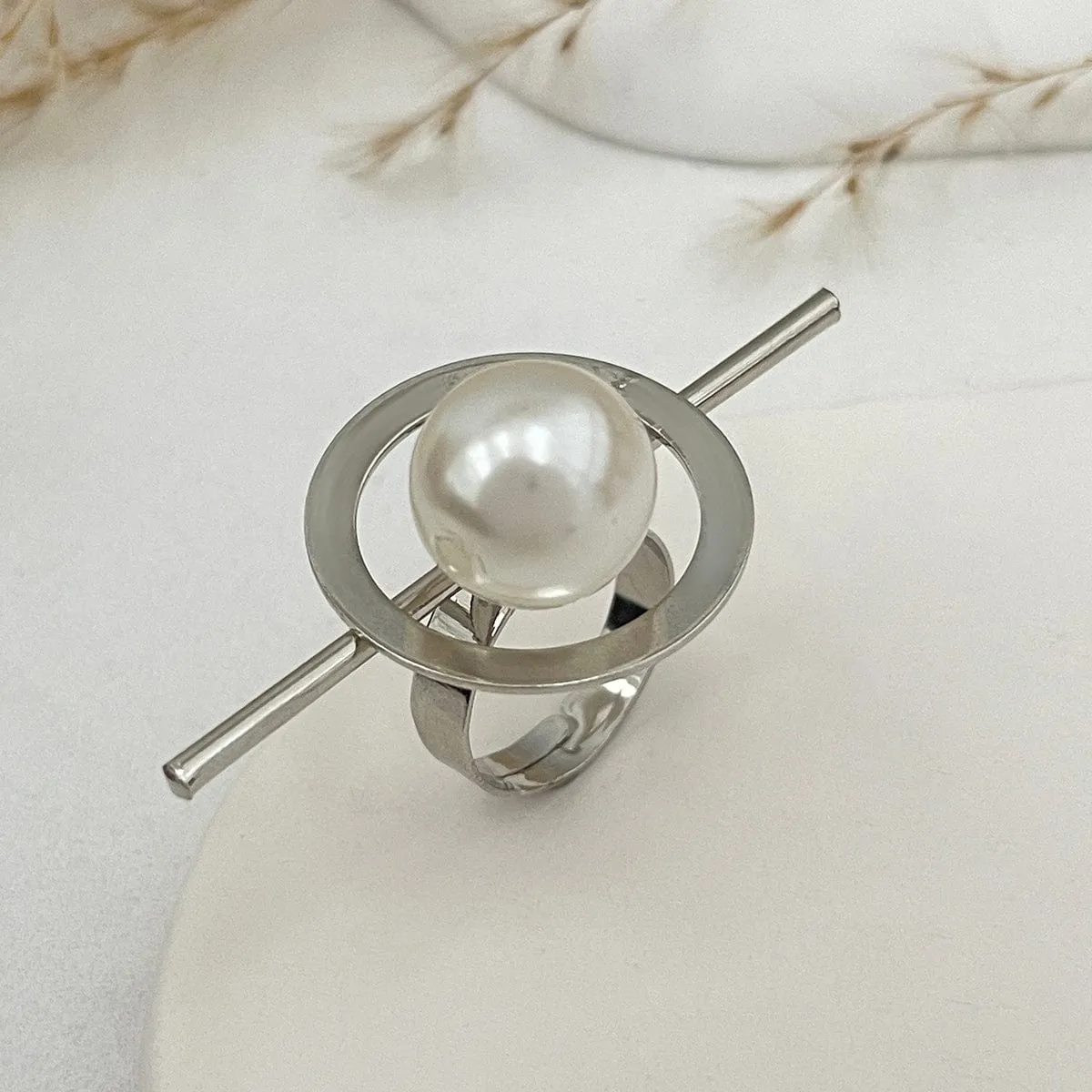 Baroque Gold Silver Tone Pearl Inlaid Textured Flower Hollow Ring Set
