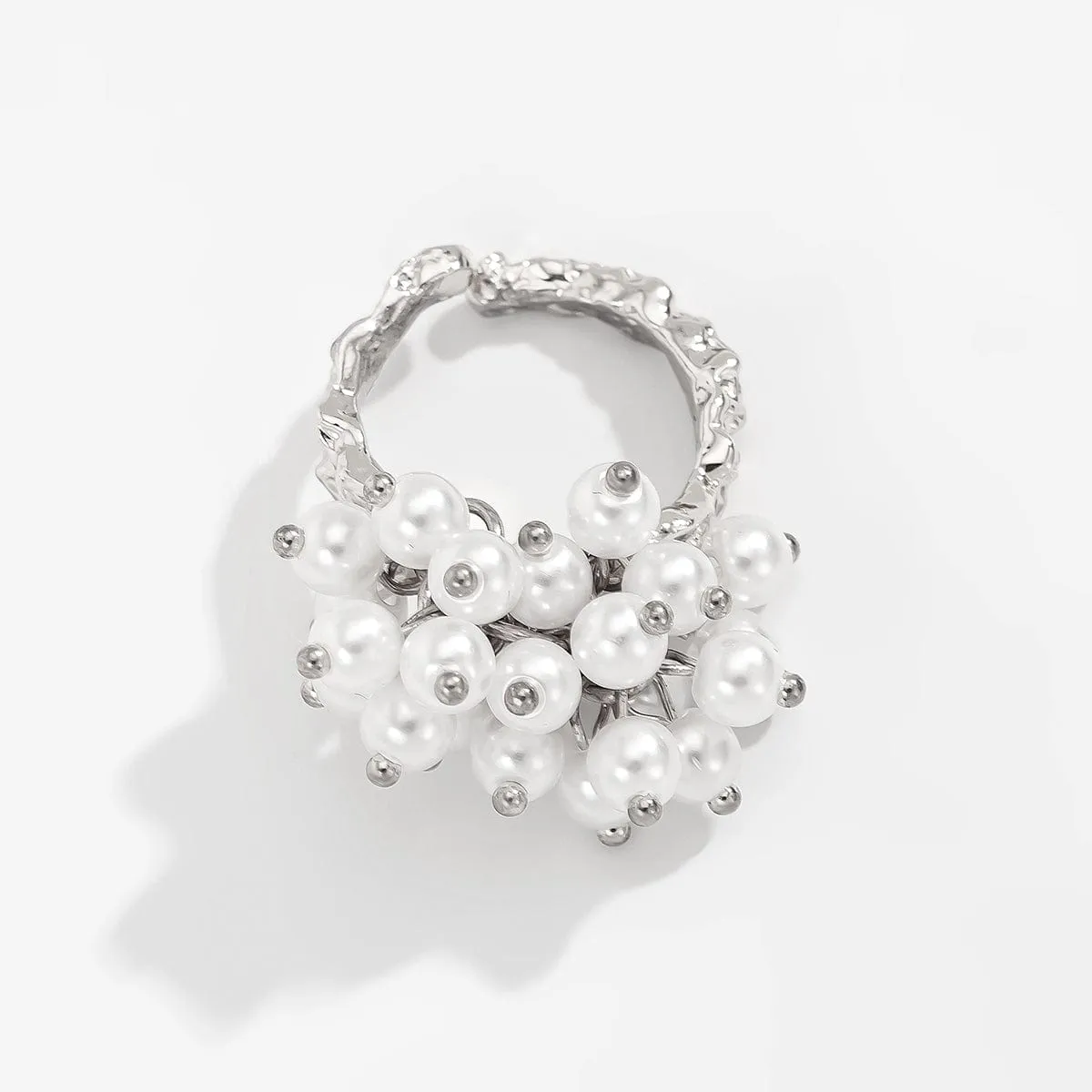 Baroque Gold Silver Tone Pearl Inlaid Textured Flower Hollow Ring Set