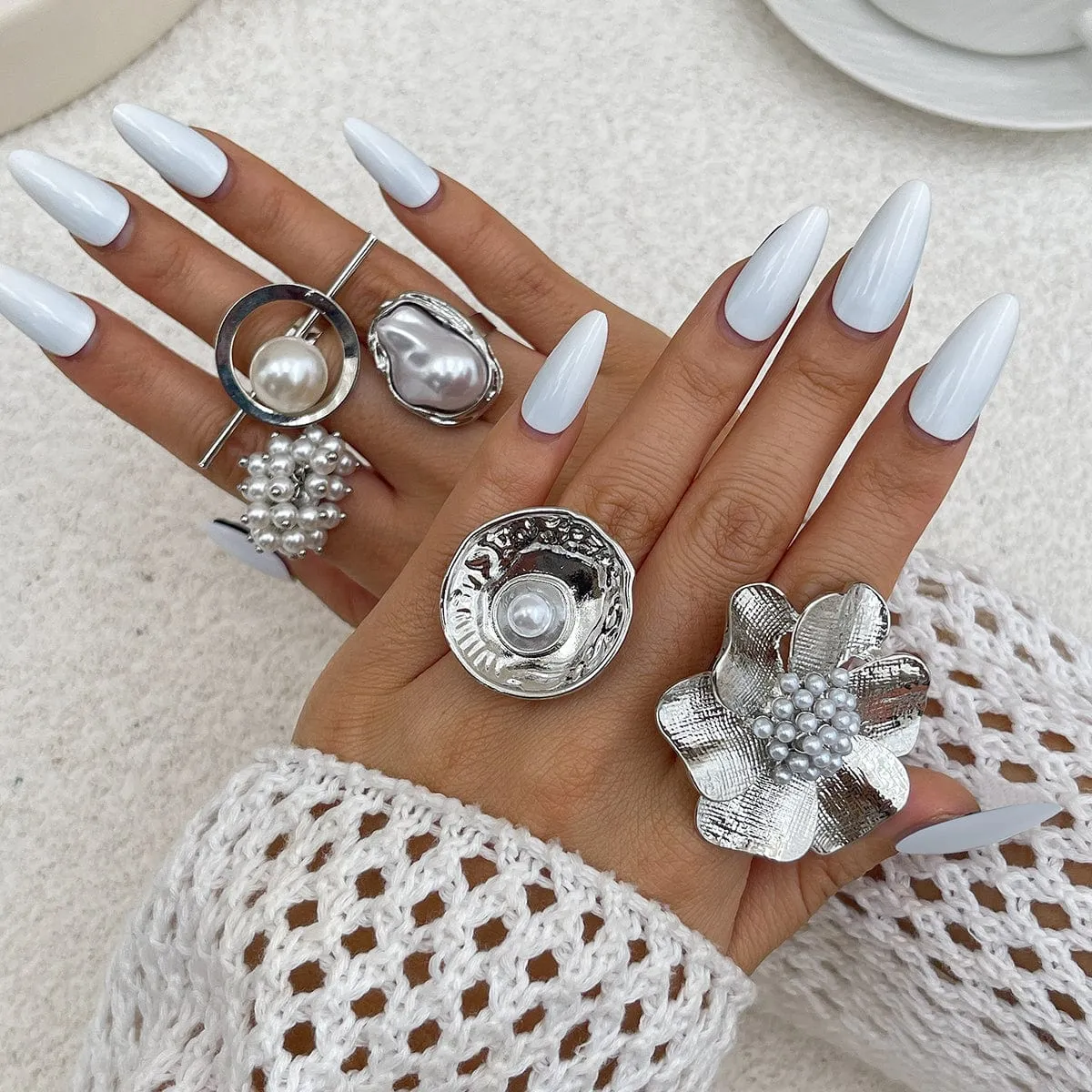 Baroque Gold Silver Tone Pearl Inlaid Textured Flower Hollow Ring Set