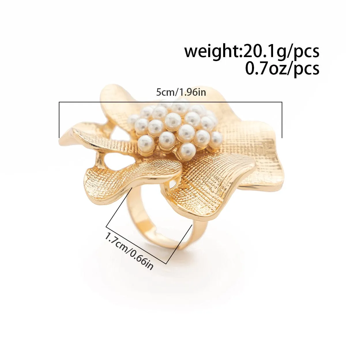 Baroque Gold Silver Tone Pearl Inlaid Textured Flower Hollow Ring Set