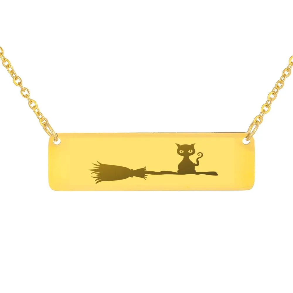 Black Cat On A Broom Necklace, Black Cat Pendant, Cat Lovers Necklace, Halloween Necklace