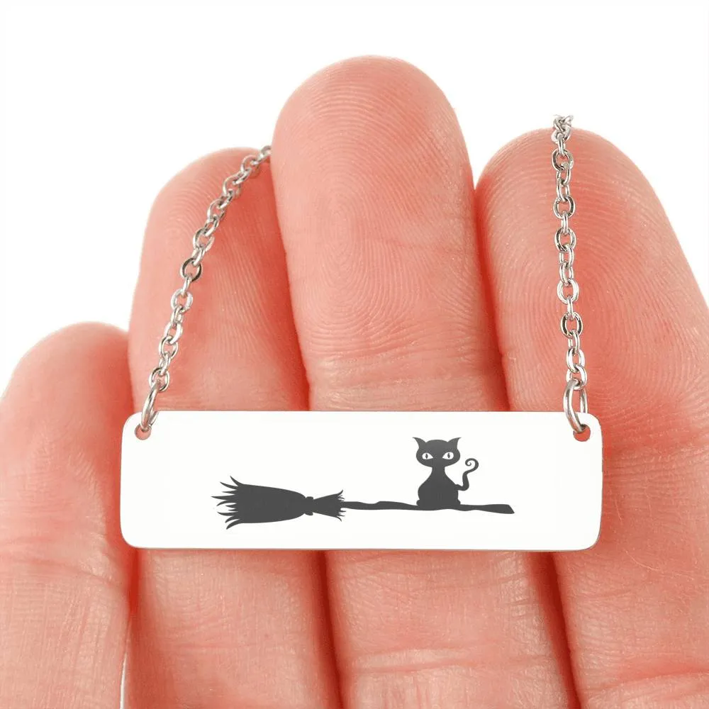 Black Cat On A Broom Necklace, Black Cat Pendant, Cat Lovers Necklace, Halloween Necklace