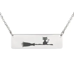 Black Cat On A Broom Necklace, Black Cat Pendant, Cat Lovers Necklace, Halloween Necklace