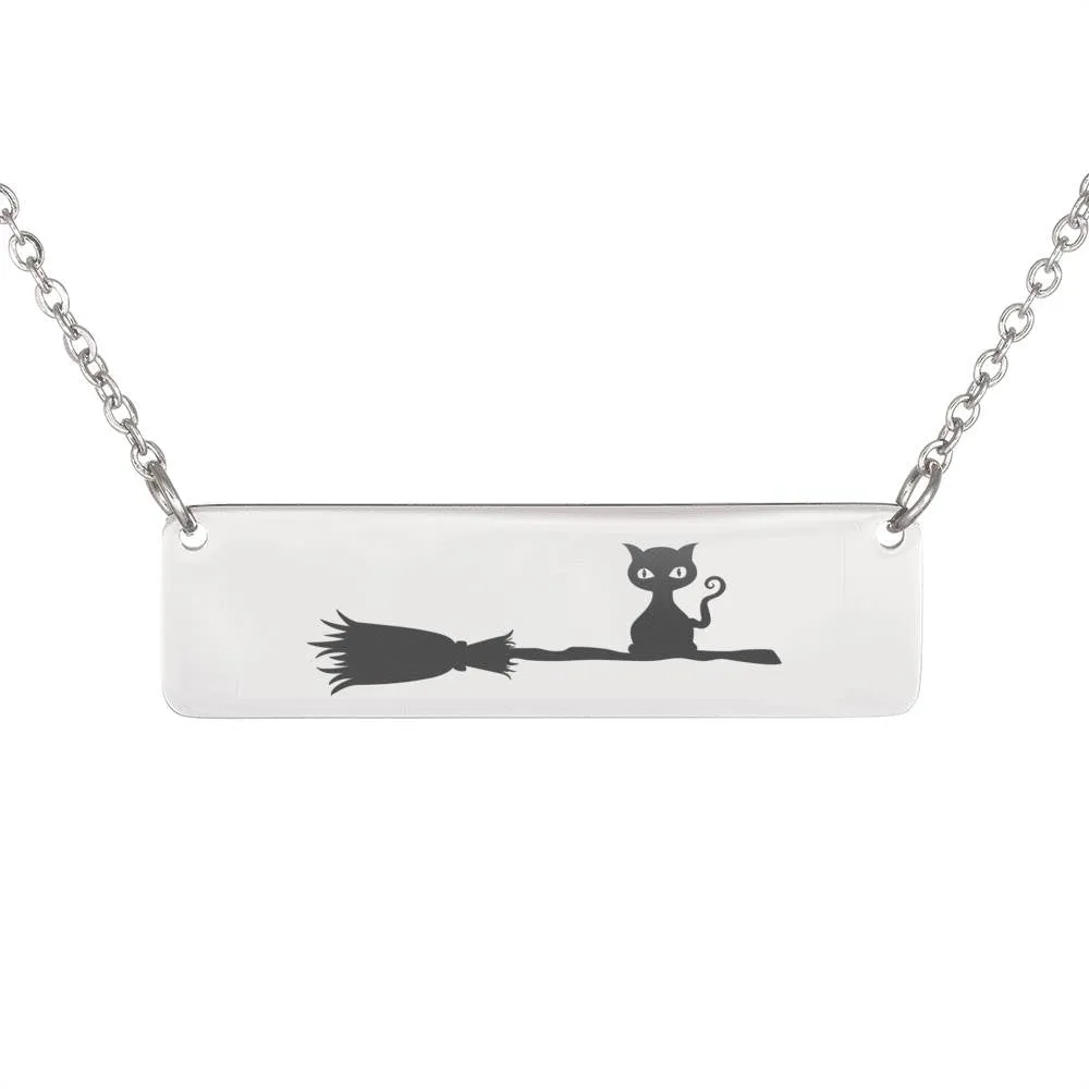 Black Cat On A Broom Necklace, Black Cat Pendant, Cat Lovers Necklace, Halloween Necklace