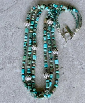 Blended Turquoise 3-Strand Necklace with Rutilated Quartz, Czech Glass, Hill Tribe Silver Ridged Bicones, and a Sterling Silver Toggle Clasp