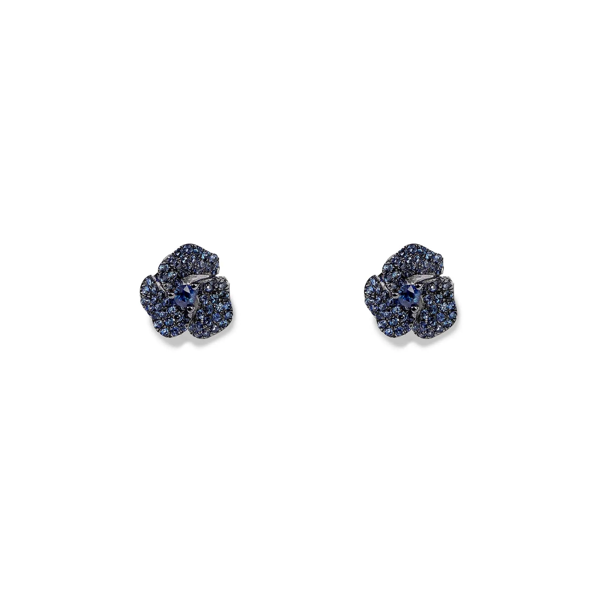 Bloom Mini Flower Blue Sapphire Earrings in Black Gold