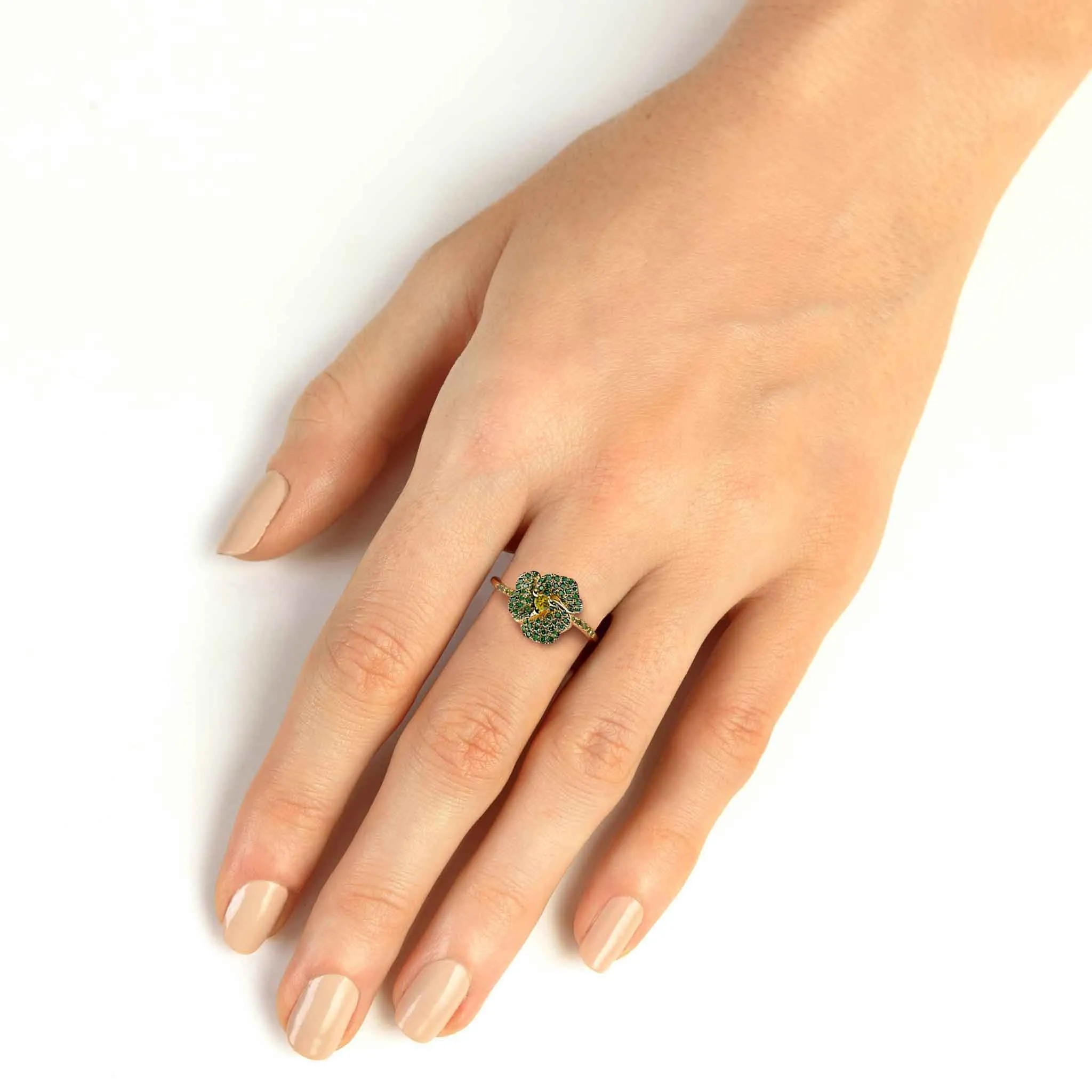 Bloom Mini Flower Green Diamonds and Yellow Sapphire Ring in Yellow Gold