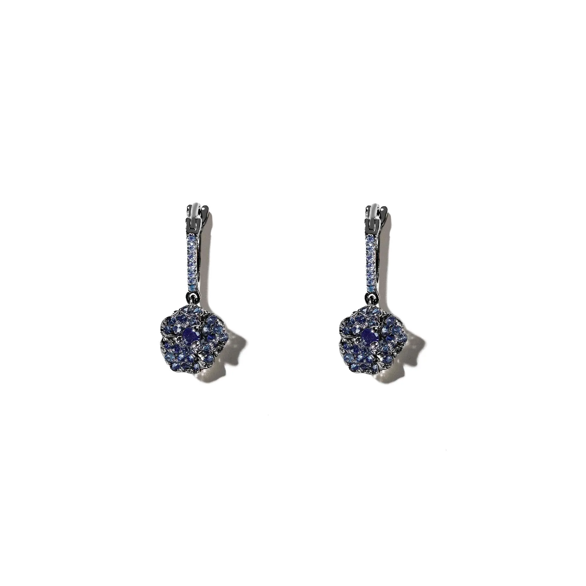 Bloom Petit Flower Blue Sapphire Hoop Earrings in Black Gold