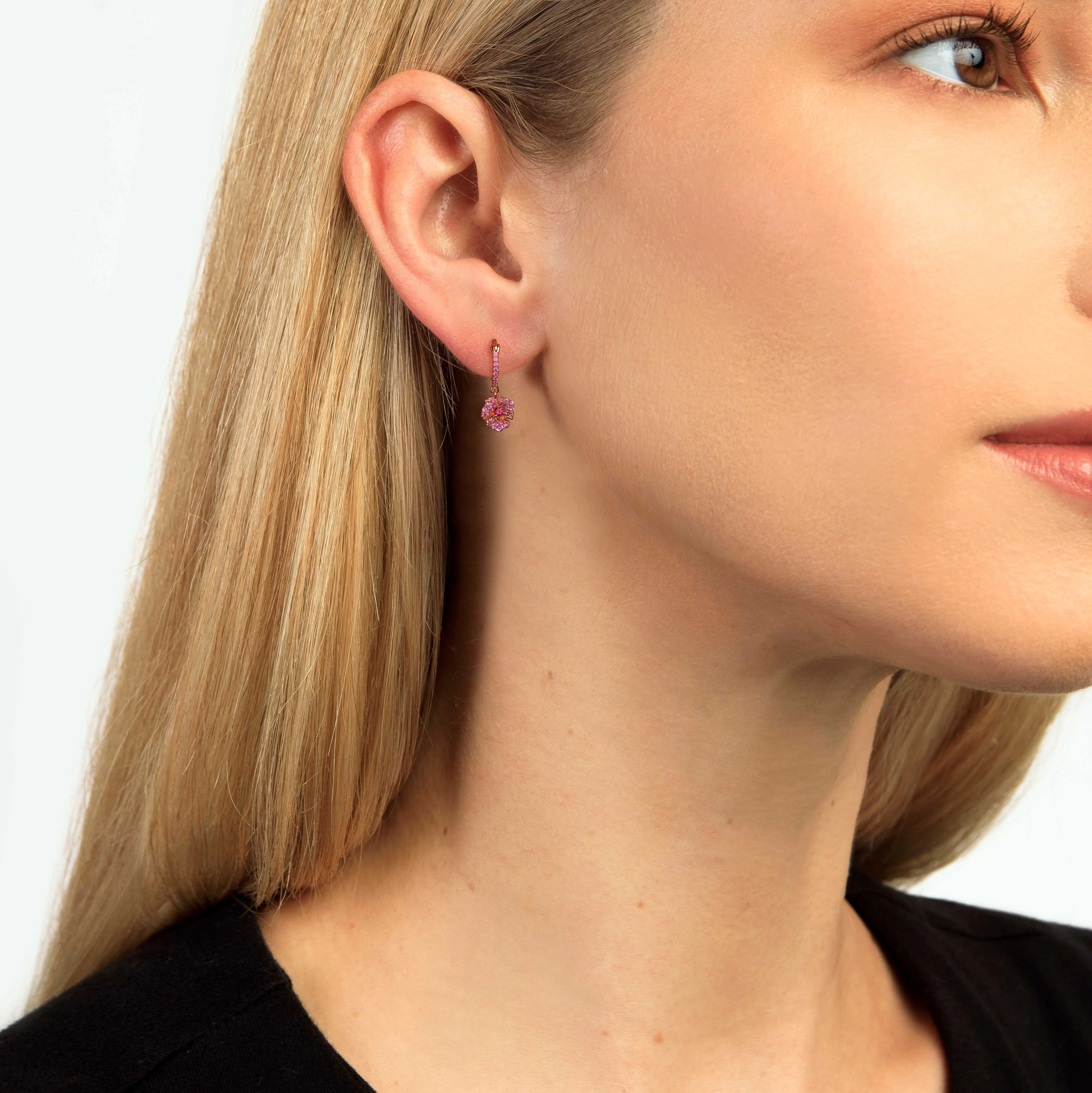 Bloom Petit Flower Light Pink Sapphires Hoop Earrings in Rose Gold