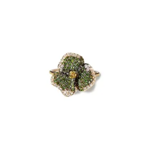 Bloom Small Flower Green Diamonds and Yellow Sapphire Ring in Yellow Gold