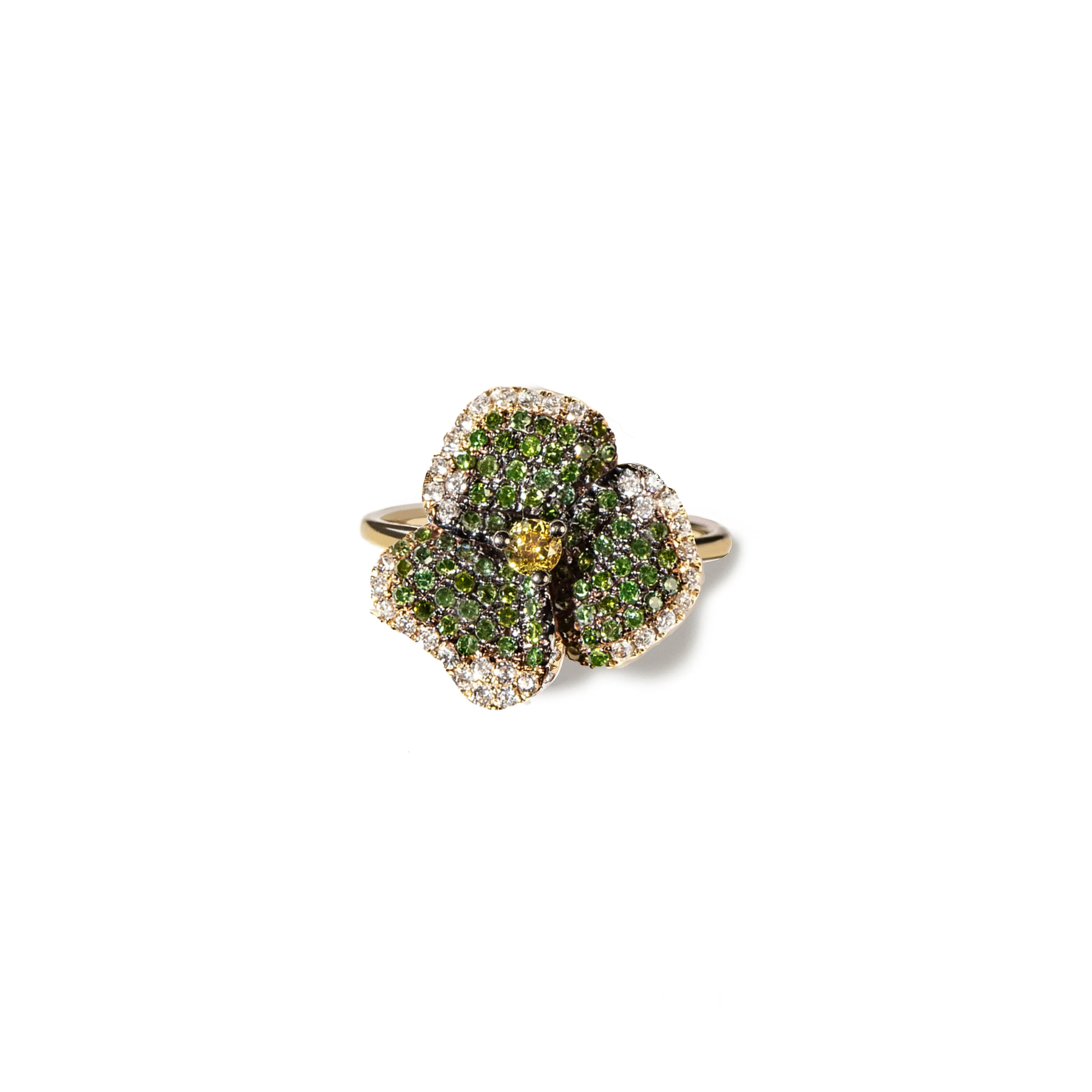 Bloom Small Flower Green Diamonds and Yellow Sapphire Ring in Yellow Gold