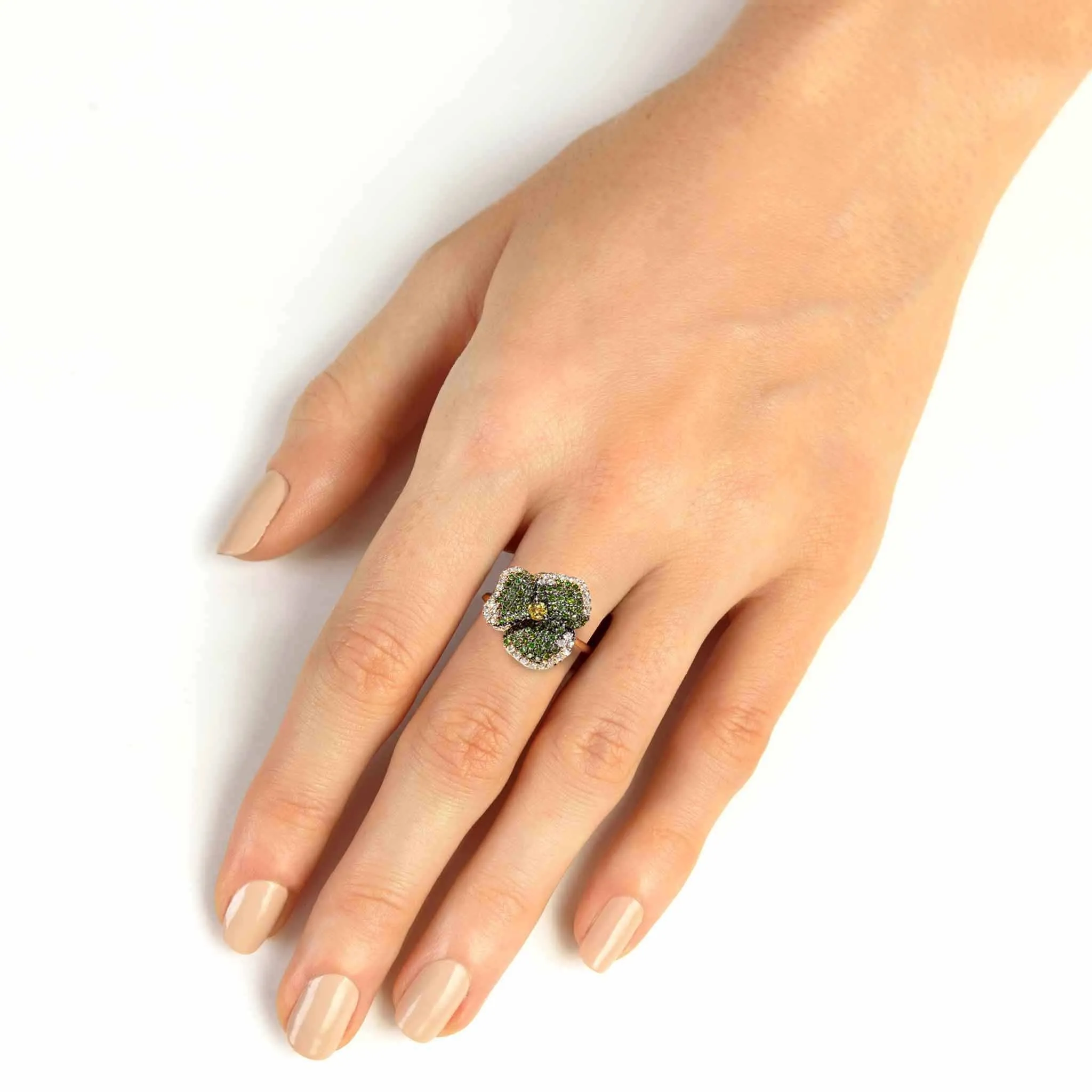 Bloom Small Flower Green Diamonds and Yellow Sapphire Ring in Yellow Gold