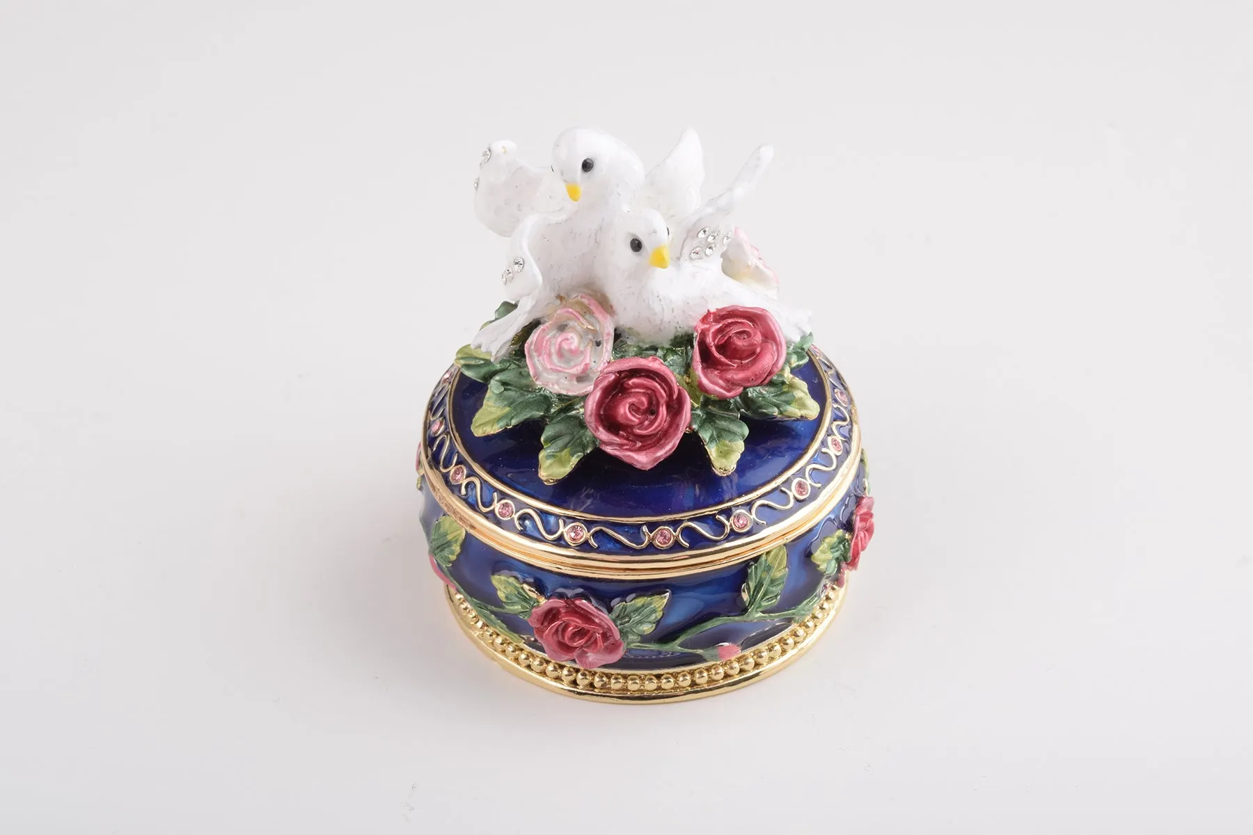 Blue Box with Roses Decorated with Two White Doves