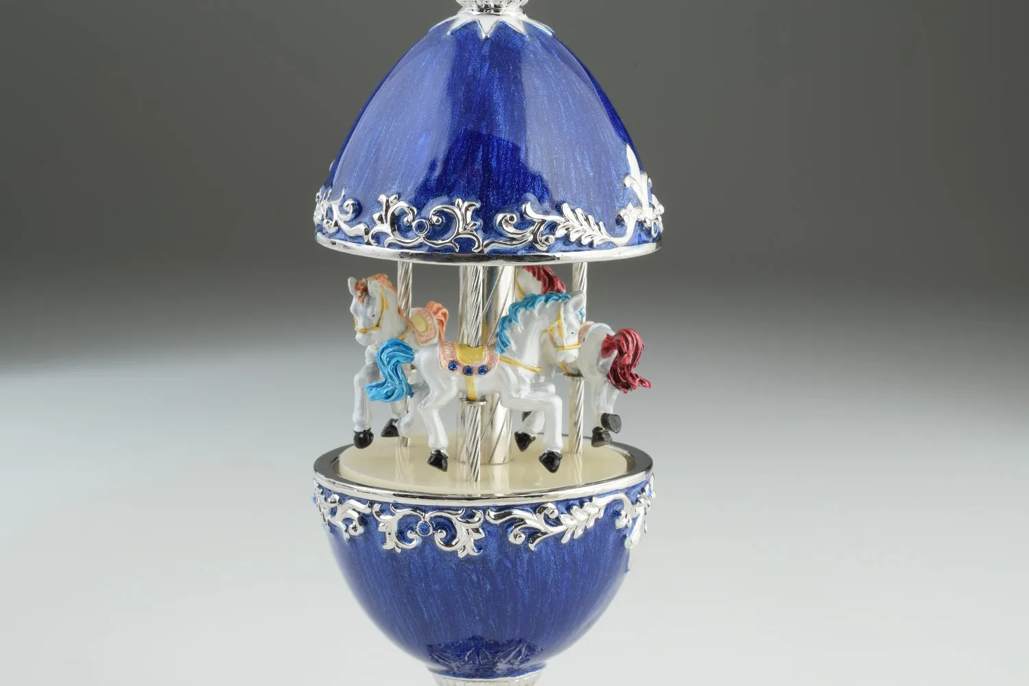 Blue Faberge Egg Carousel with White Royal Horses