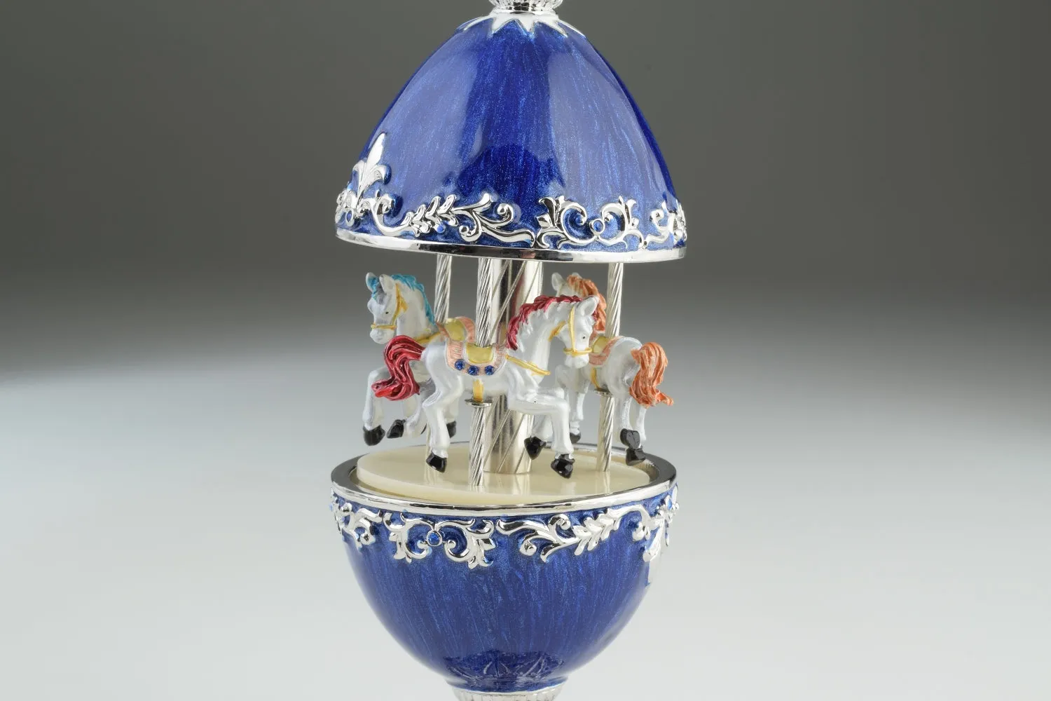 Blue Faberge Egg Carousel with White Royal Horses