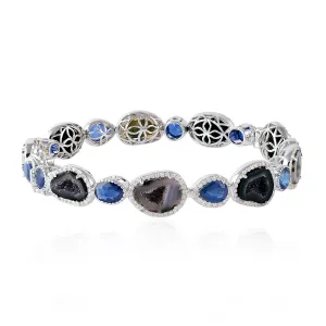 Blue Sapphire Uneven Geode Pave Diamond In 18k White Gold Elegant Wedding Bangle