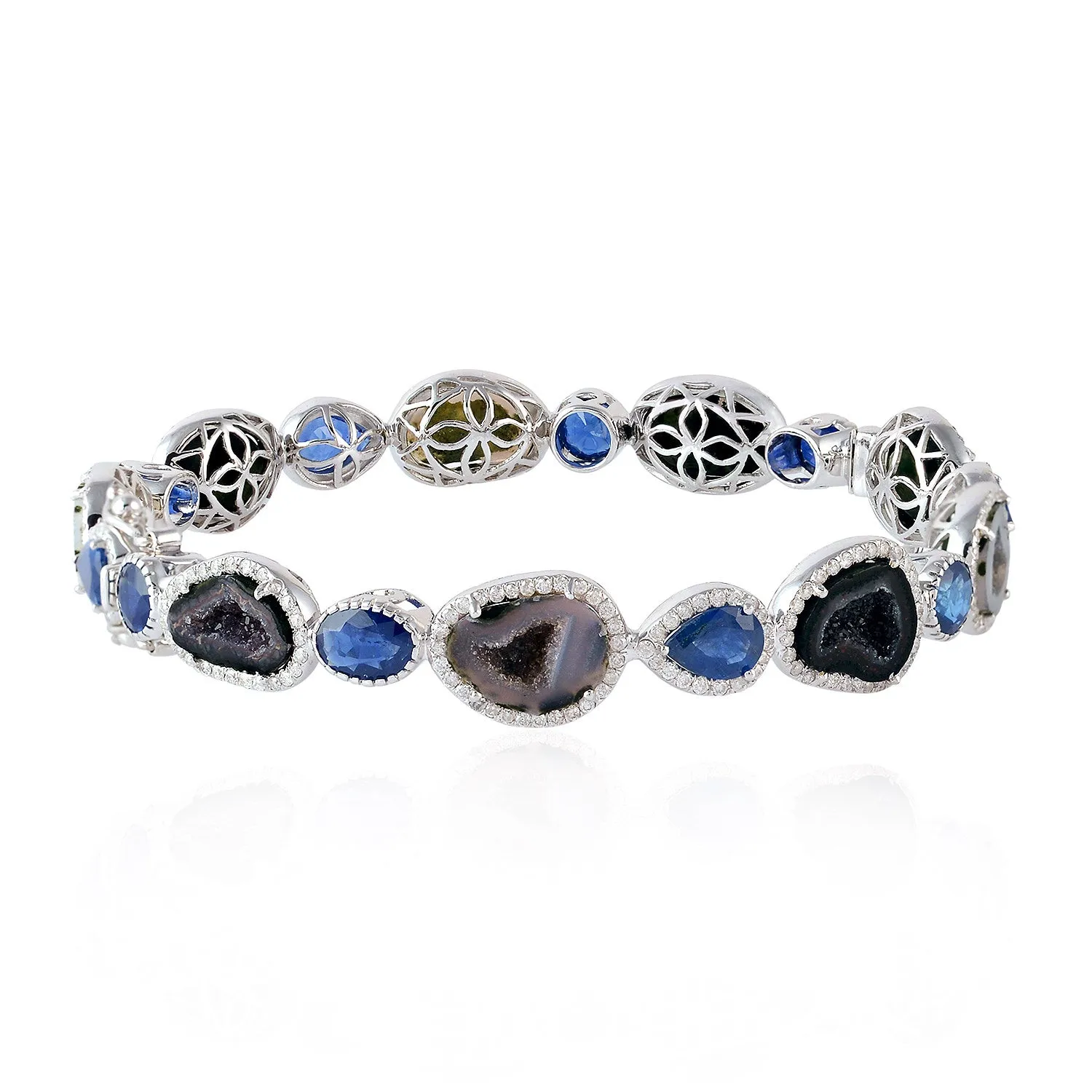 Blue Sapphire Uneven Geode Pave Diamond In 18k White Gold Elegant Wedding Bangle